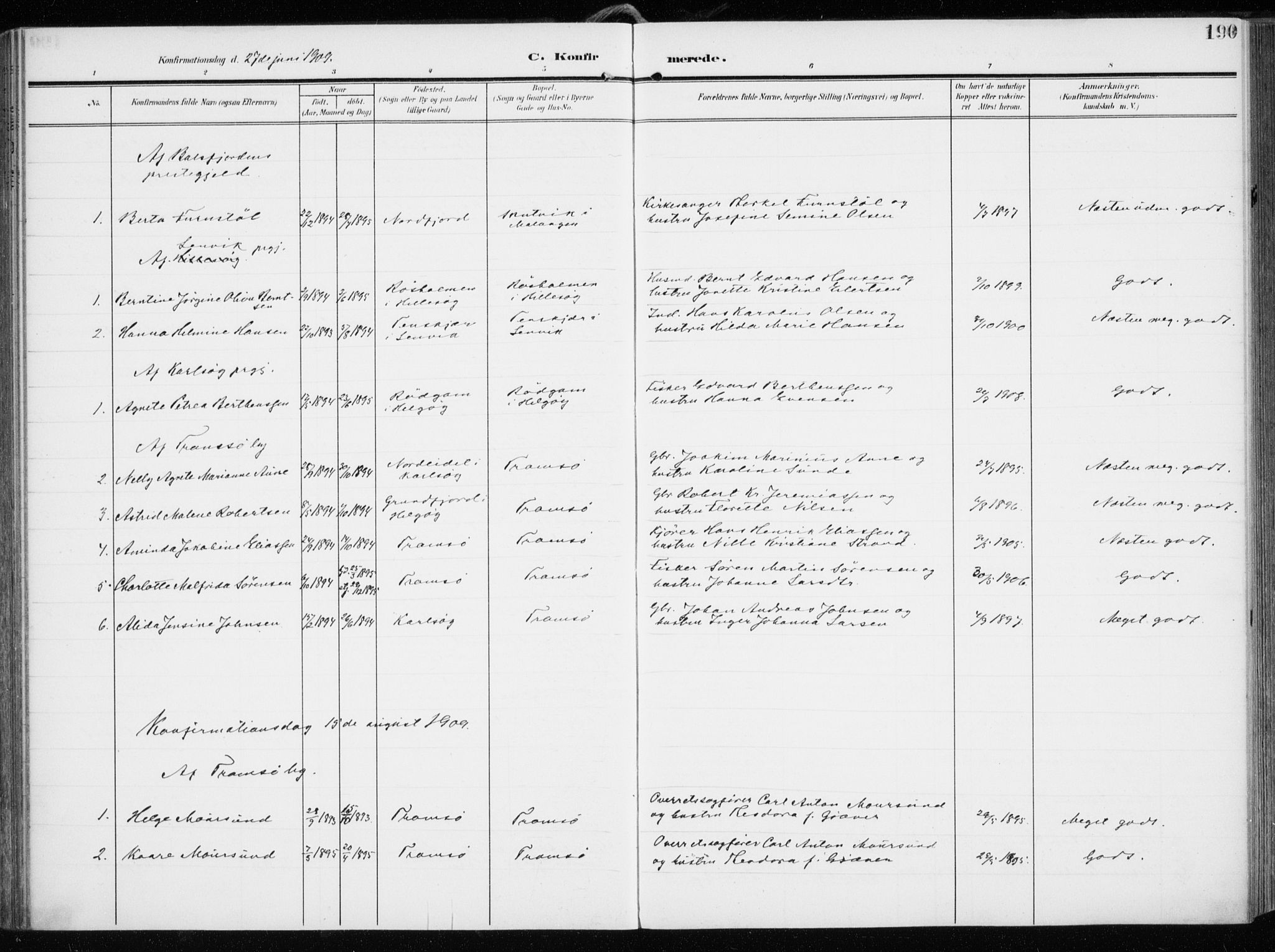 Tromsøysund sokneprestkontor, AV/SATØ-S-1304/G/Ga/L0007kirke: Parish register (official) no. 7, 1907-1914, p. 190