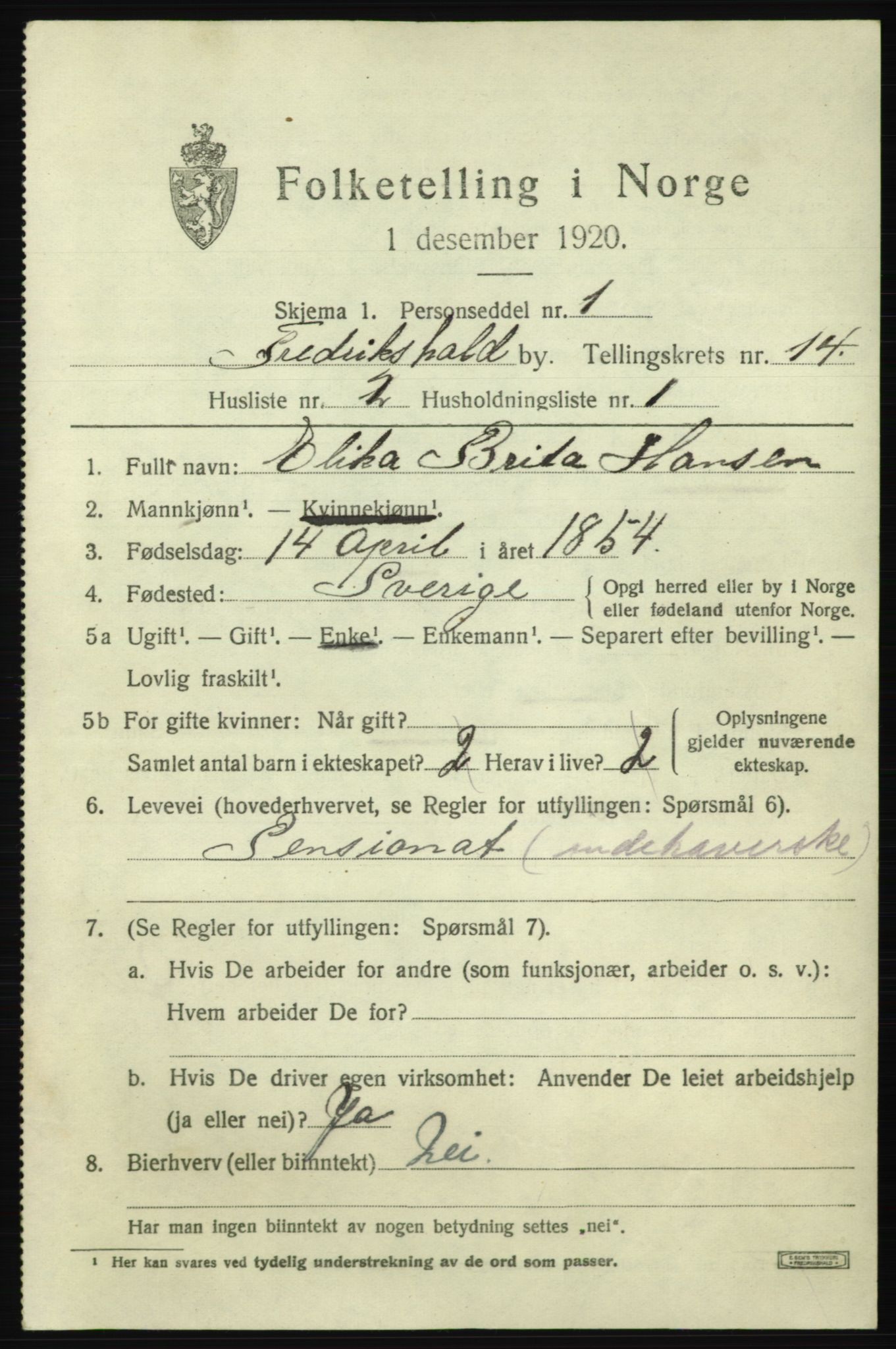 SAO, 1920 census for Fredrikshald, 1920, p. 22163