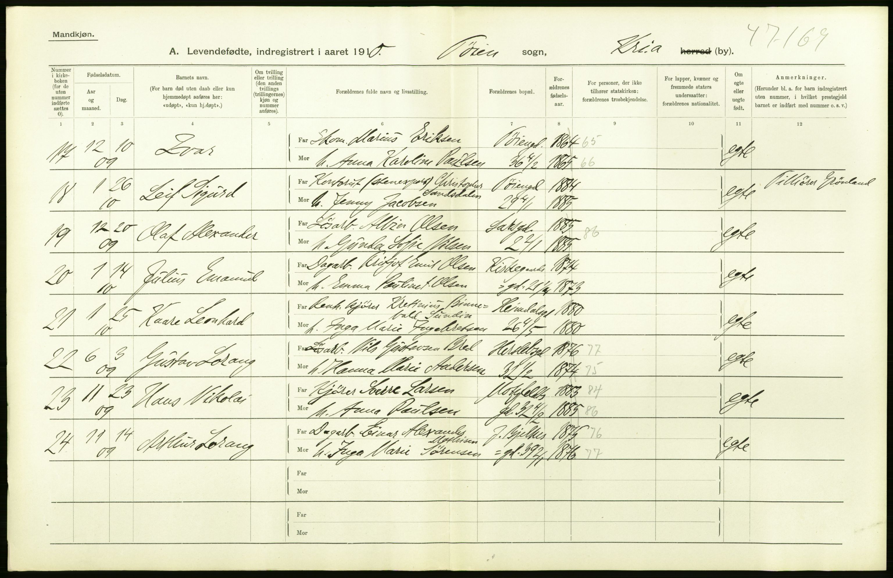 Statistisk sentralbyrå, Sosiodemografiske emner, Befolkning, AV/RA-S-2228/D/Df/Dfa/Dfah/L0006: Kristiania: Levendefødte menn., 1910, p. 22