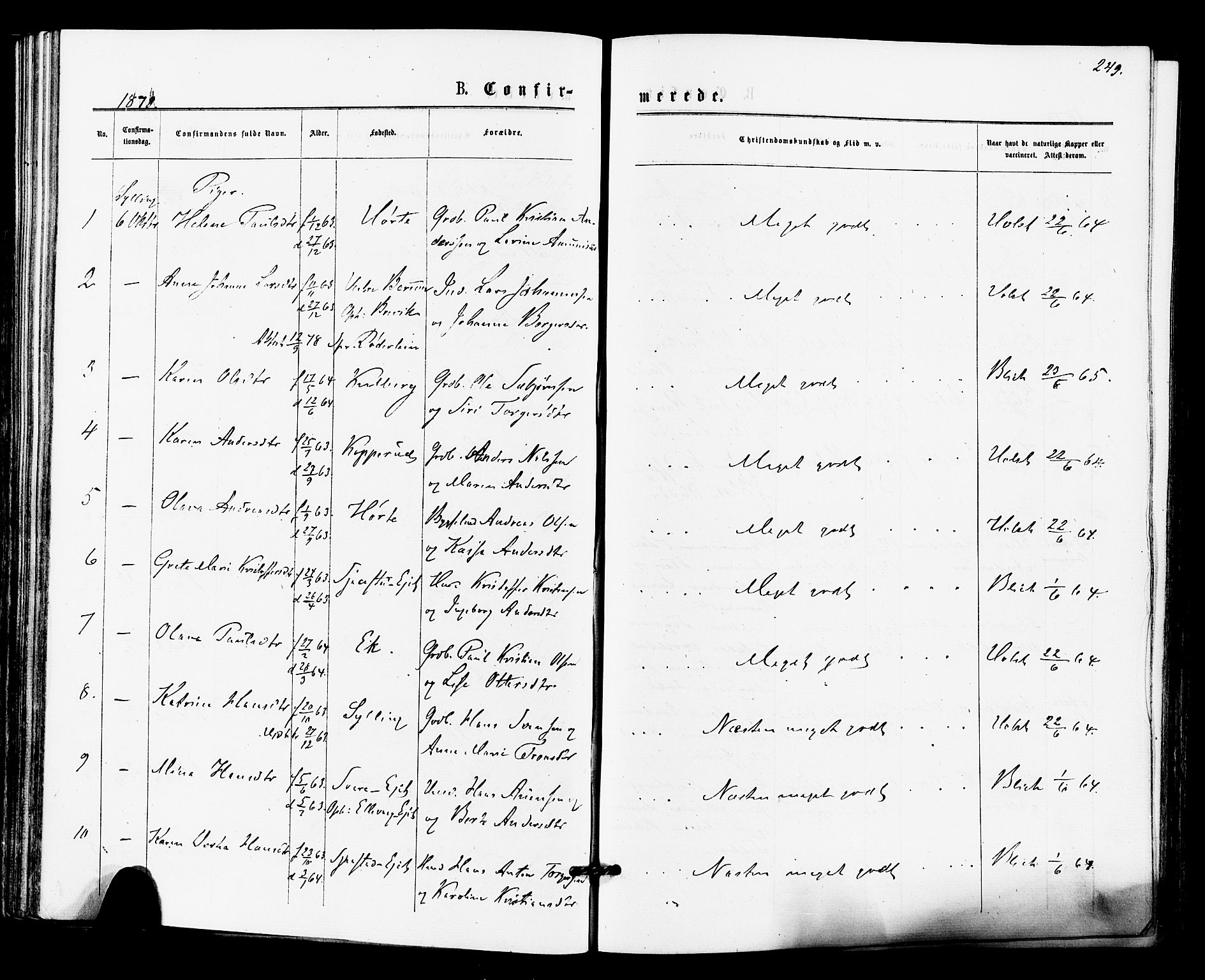 Lier kirkebøker, AV/SAKO-A-230/F/Fa/L0014: Parish register (official) no. I 14, 1875-1882, p. 249