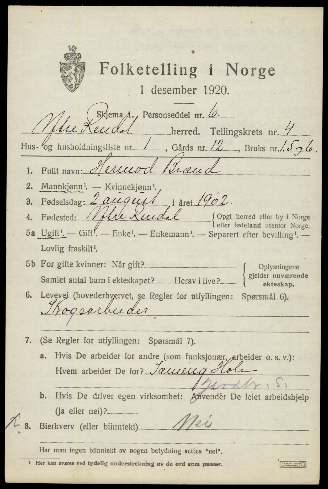 SAH, 1920 census for Ytre Rendal, 1920, p. 2059