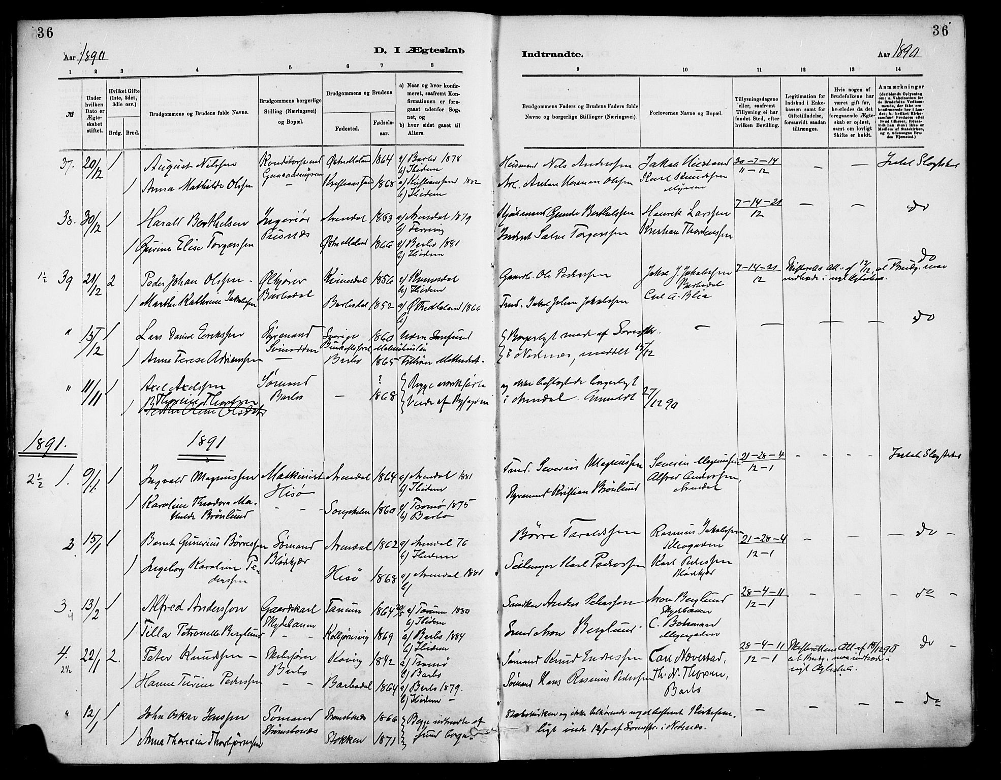 Barbu sokneprestkontor, AV/SAK-1111-0003/F/Fa/L0003: Parish register (official) no. A 3, 1883-1898, p. 36