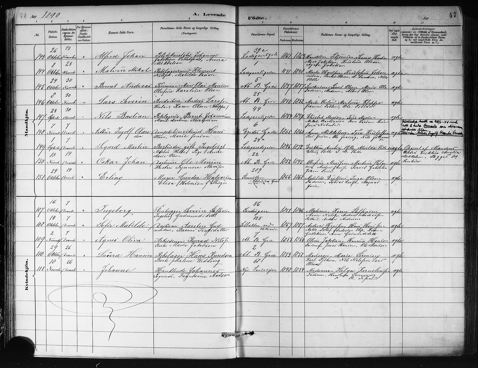 Sandviken Sokneprestembete, AV/SAB-A-77601/H/Hb/L0002: Parish register (copy) no. A 3, 1888-1902, p. 47