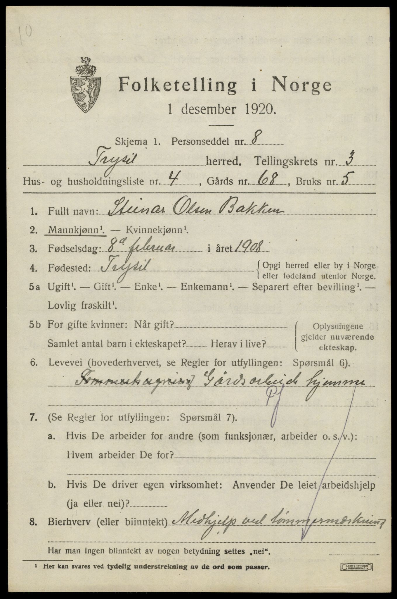 SAH, 1920 census for Trysil, 1920, p. 3527