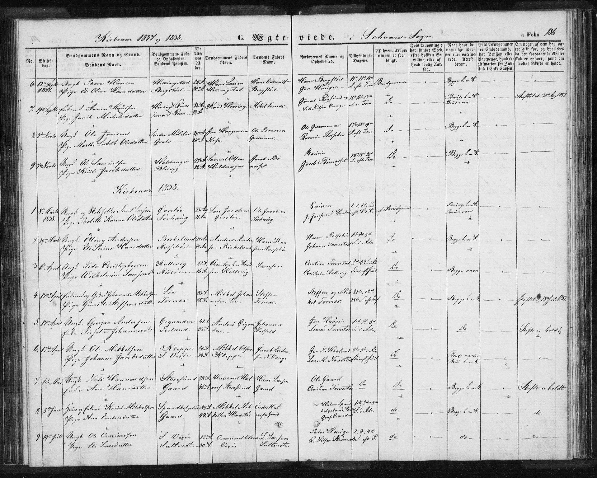 Torvastad sokneprestkontor, SAST/A -101857/H/Ha/Haa/L0006: Parish register (official) no. A 6, 1836-1847, p. 186