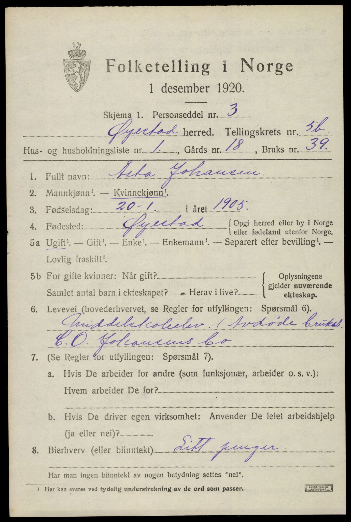 SAK, 1920 census for Øyestad, 1920, p. 3686