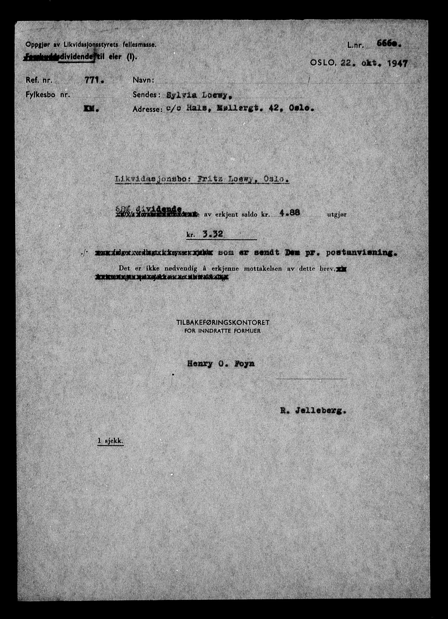 Justisdepartementet, Tilbakeføringskontoret for inndratte formuer, AV/RA-S-1564/H/Hc/Hcc/L0960: --, 1945-1947, p. 3