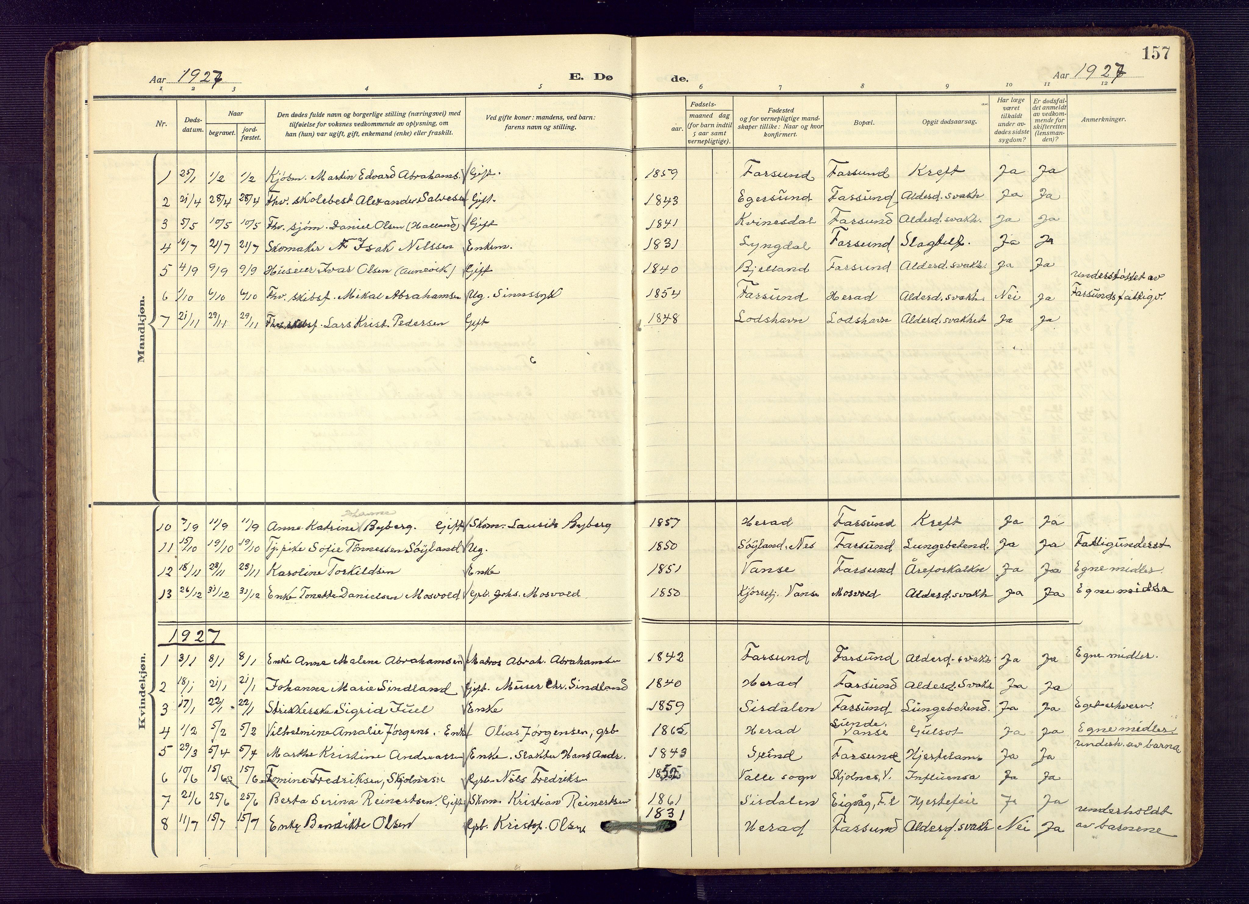 Farsund sokneprestkontor, AV/SAK-1111-0009/F/Fb/L0002: Parish register (copy) no. B 2, 1914-1958, p. 157