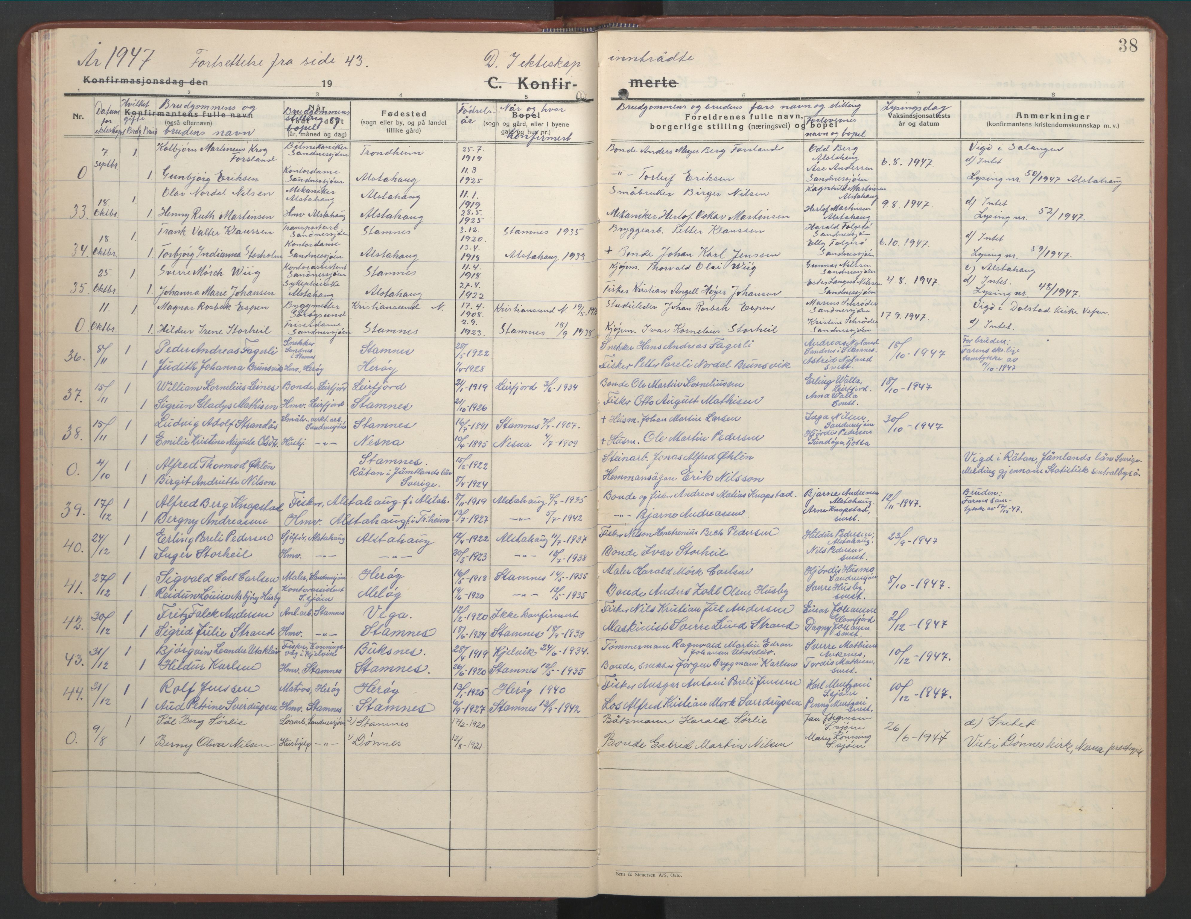 Ministerialprotokoller, klokkerbøker og fødselsregistre - Nordland, SAT/A-1459/831/L0481: Parish register (copy) no. 831C08, 1935-1948, p. 38