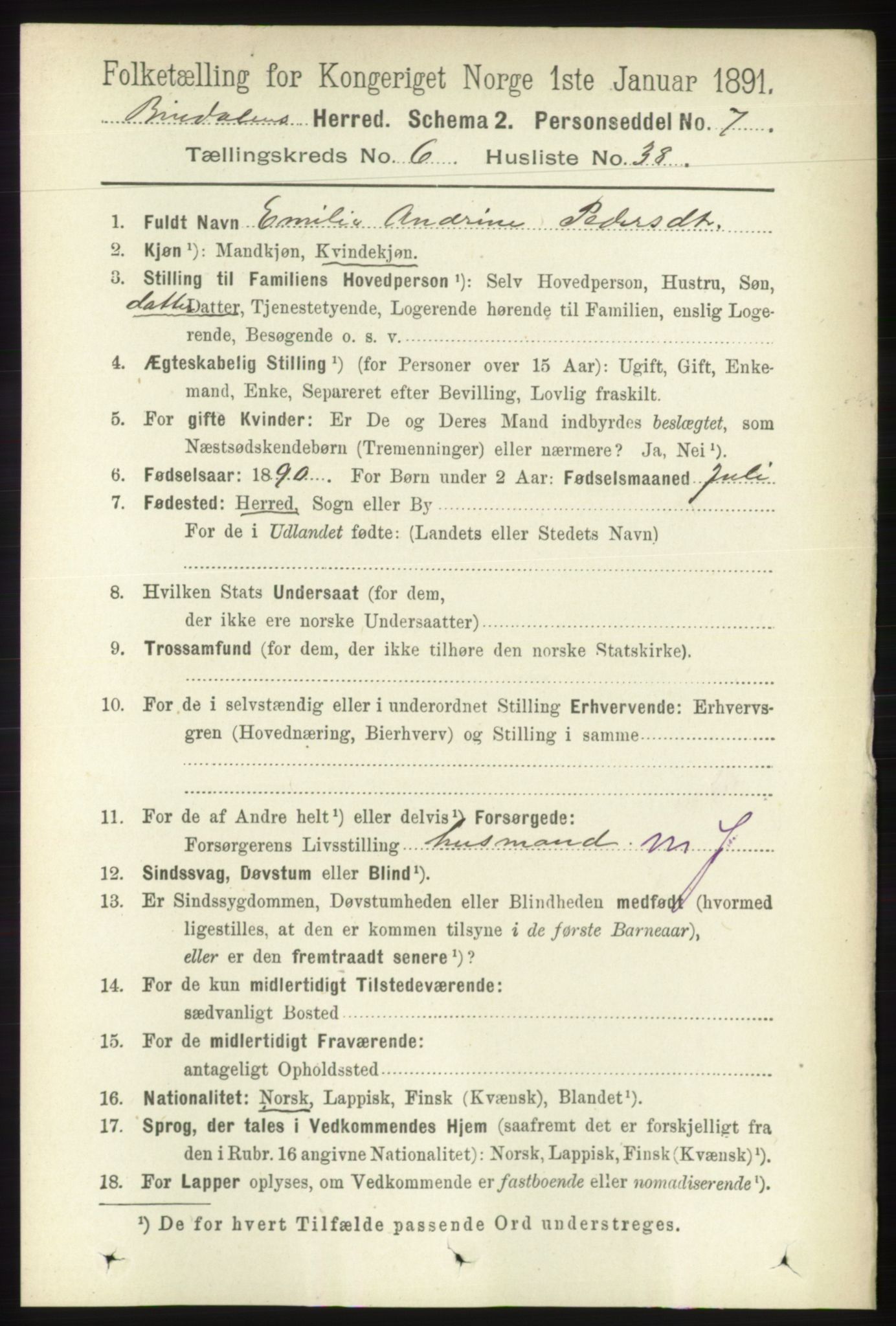 RA, 1891 census for 1811 Bindal, 1891, p. 1976