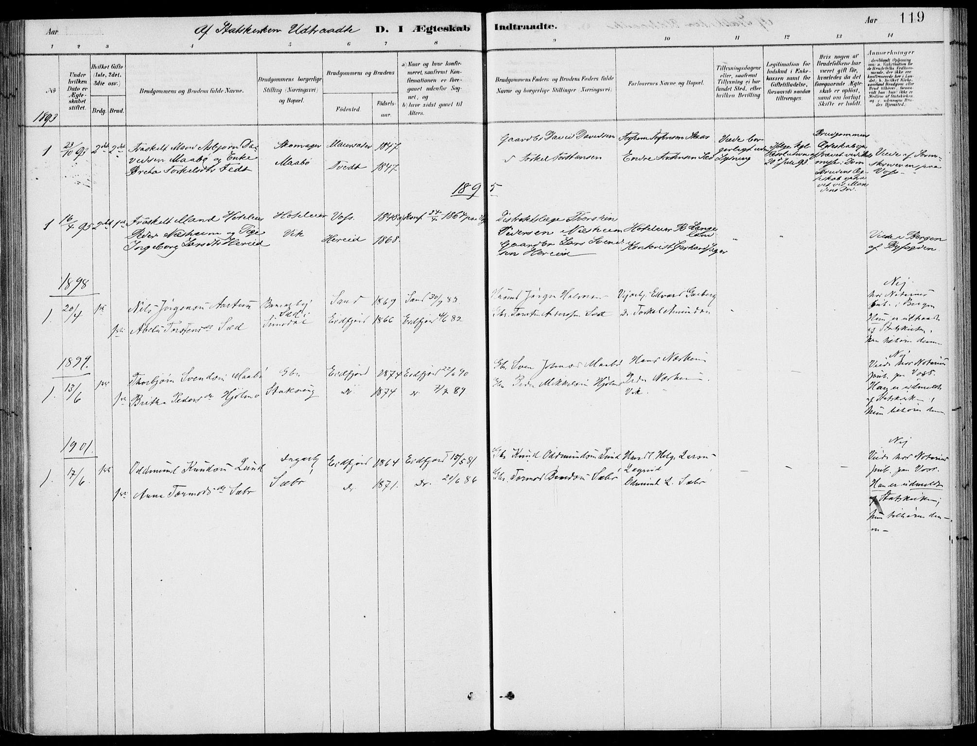 Ulvik sokneprestembete, SAB/A-78801/H/Haa: Parish register (official) no. D  1, 1878-1903, p. 119