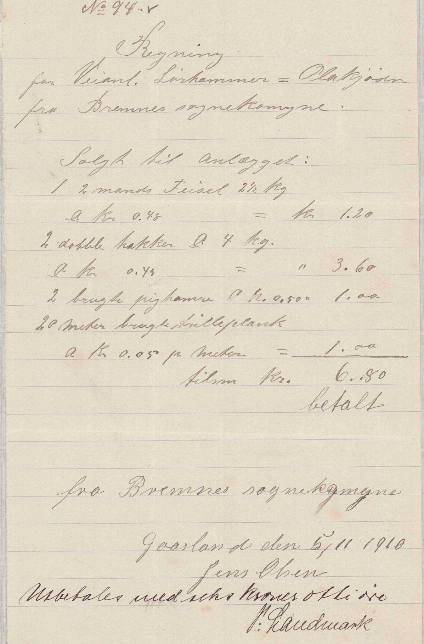 Finnaas kommune. Formannskapet, IKAH/1218a-021/E/Ea/L0001/0003: Rekneskap for veganlegg / Rekneskap for veganlegget Laurhammer - Olakjødn, 1909-1911, p. 54