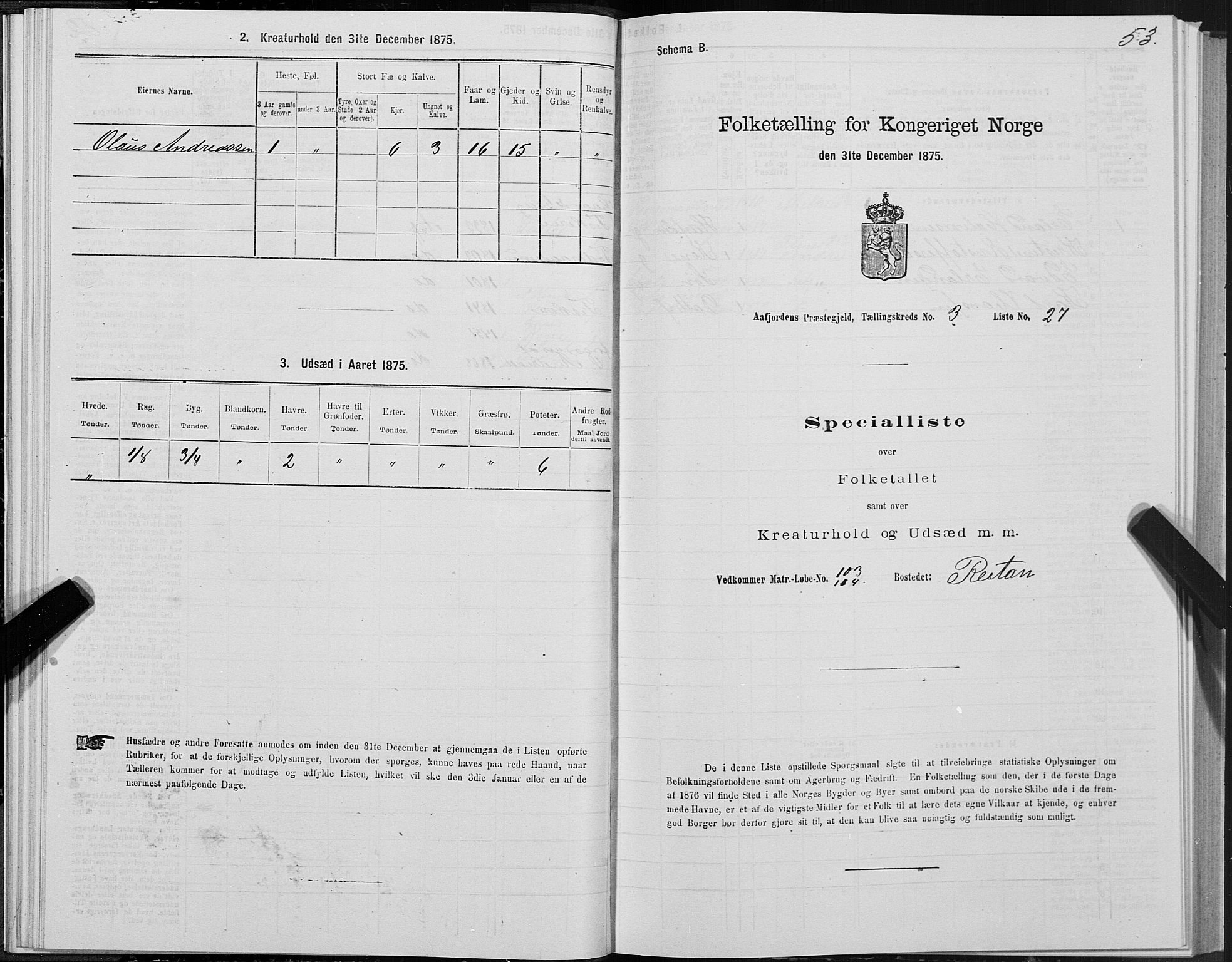 SAT, 1875 census for 1630P Aafjorden, 1875, p. 2053