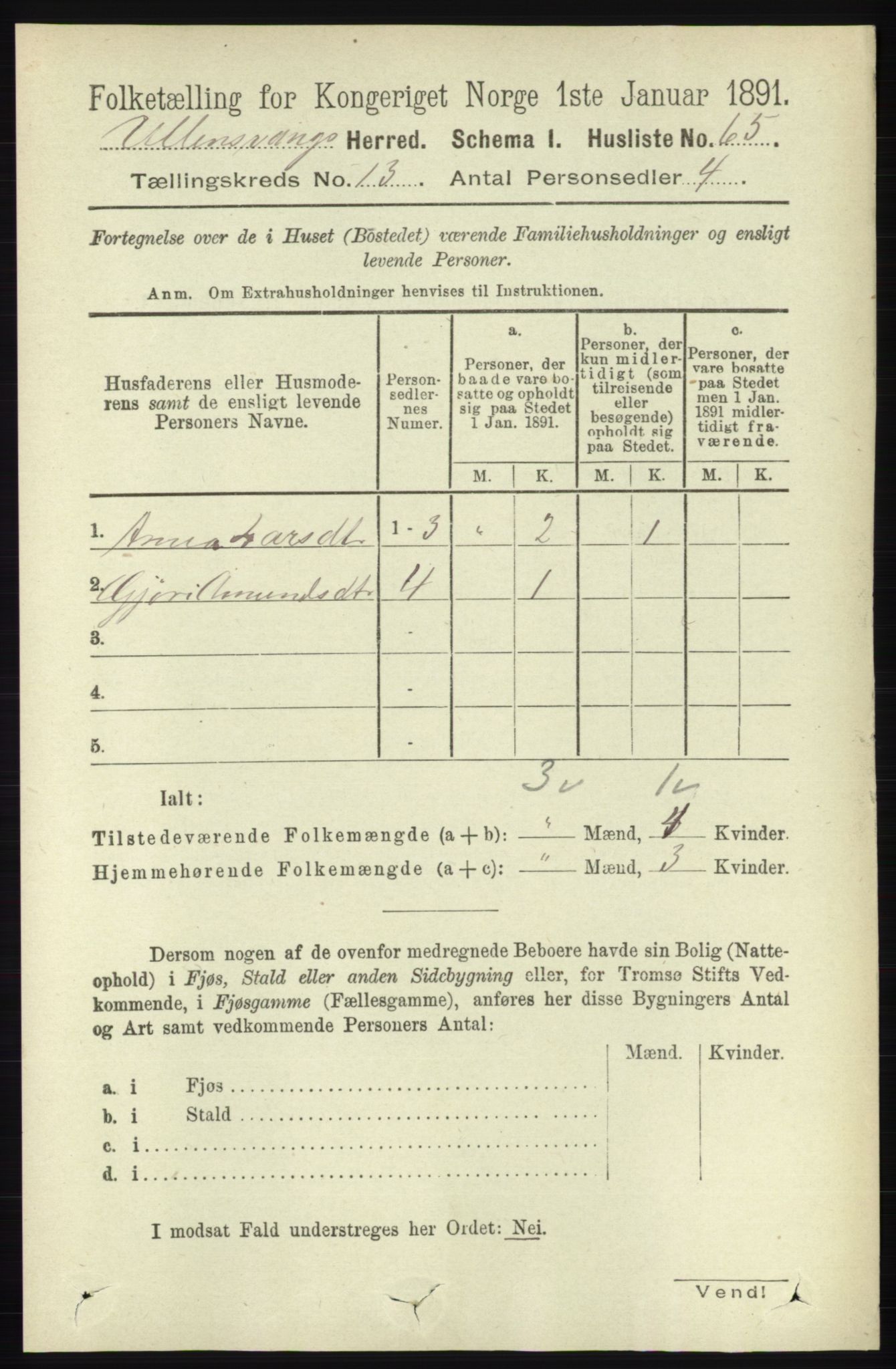 RA, 1891 census for 1230 Ullensvang, 1891, p. 5086