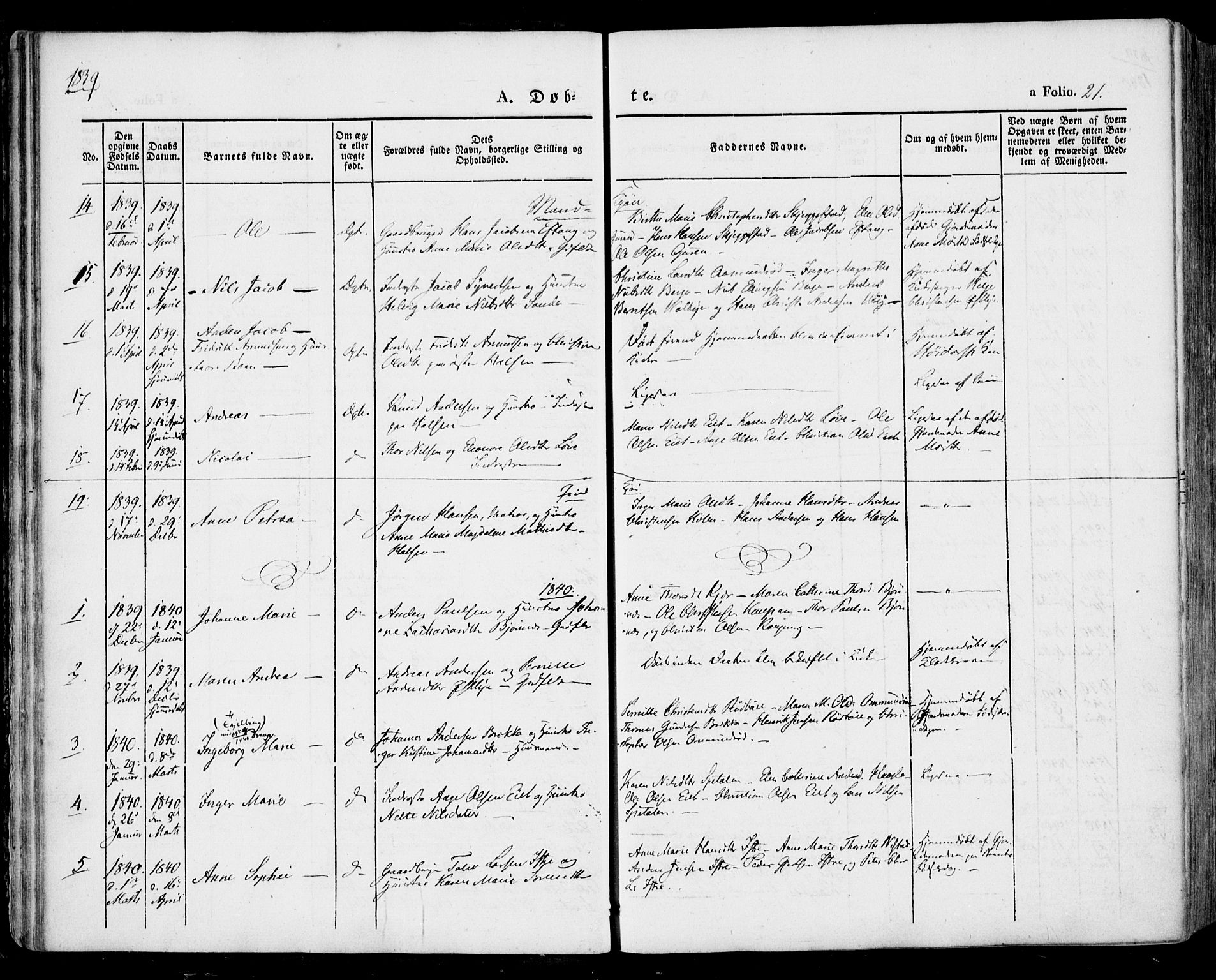 Tjølling kirkebøker, SAKO/A-60/F/Fa/L0006: Parish register (official) no. 6, 1835-1859, p. 21