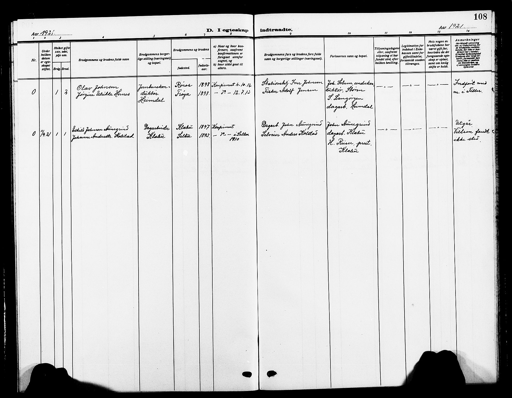 Ministerialprotokoller, klokkerbøker og fødselsregistre - Sør-Trøndelag, AV/SAT-A-1456/618/L0453: Parish register (copy) no. 618C04, 1907-1925, p. 108