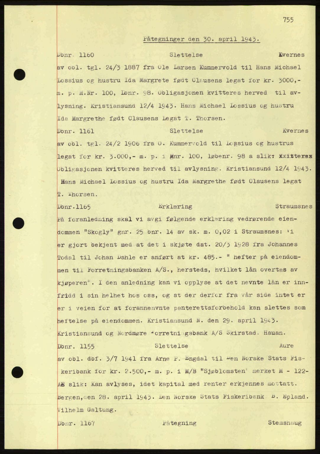 Nordmøre sorenskriveri, AV/SAT-A-4132/1/2/2Ca: Mortgage book no. C81, 1940-1945, Diary no: : 1160/1943