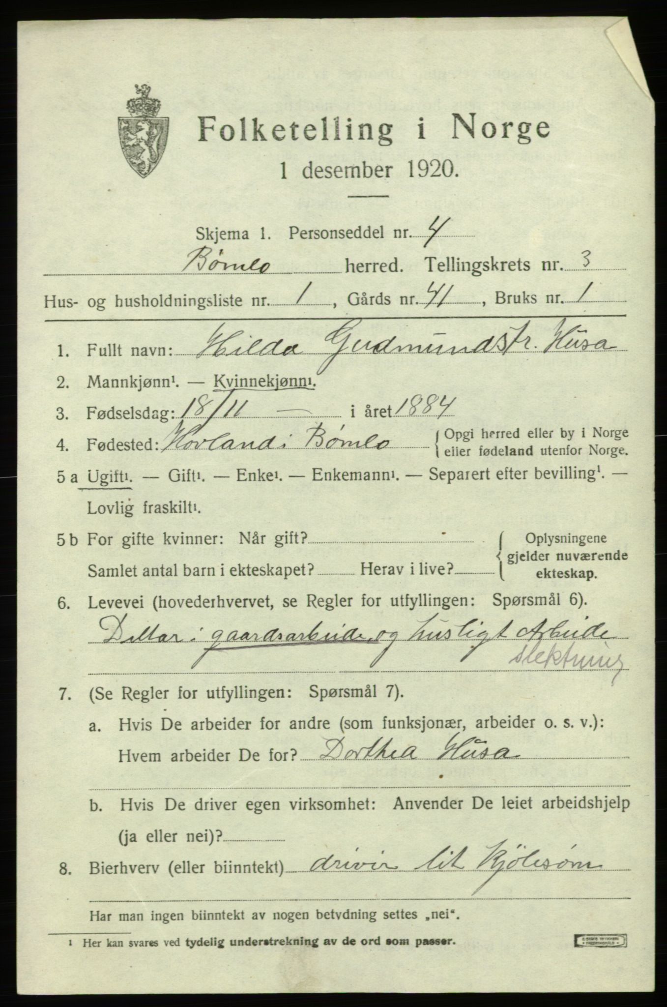 SAB, 1920 census for Bømlo, 1920, p. 2455