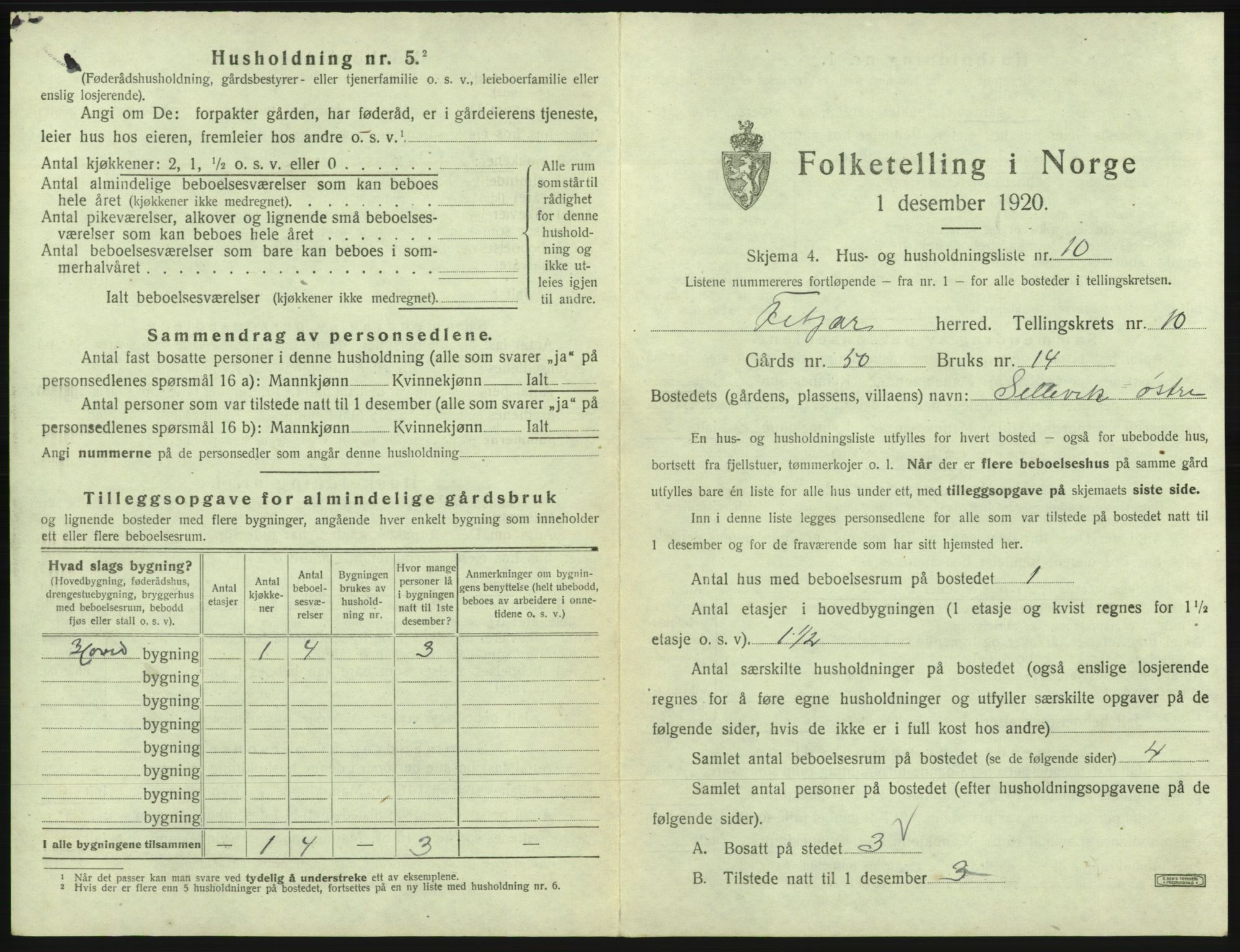 SAB, 1920 census for Fitjar, 1920, p. 587