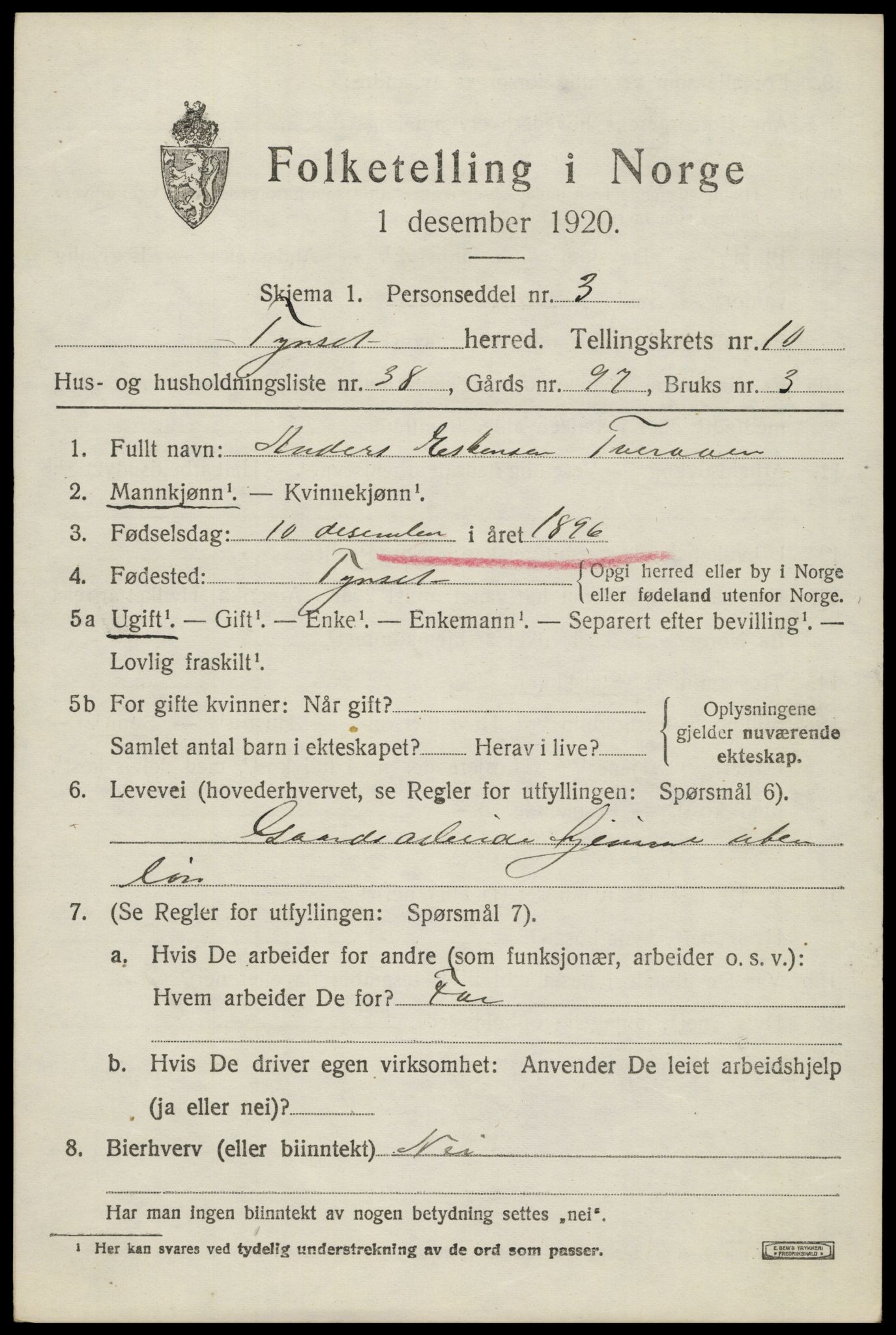 SAH, 1920 census for Tynset, 1920, p. 8016