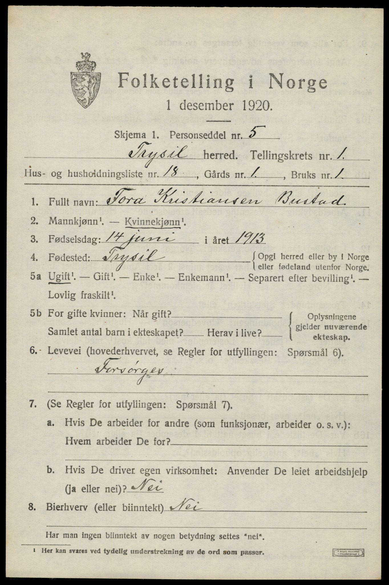 SAH, 1920 census for Trysil, 1920, p. 2769