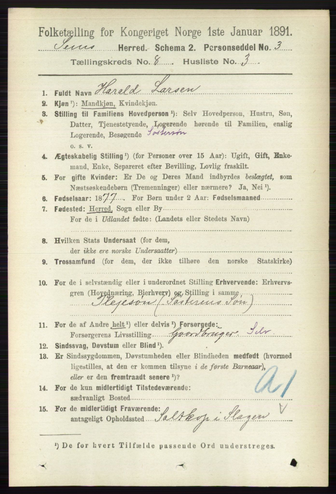 RA, 1891 census for 0721 Sem, 1891, p. 3829