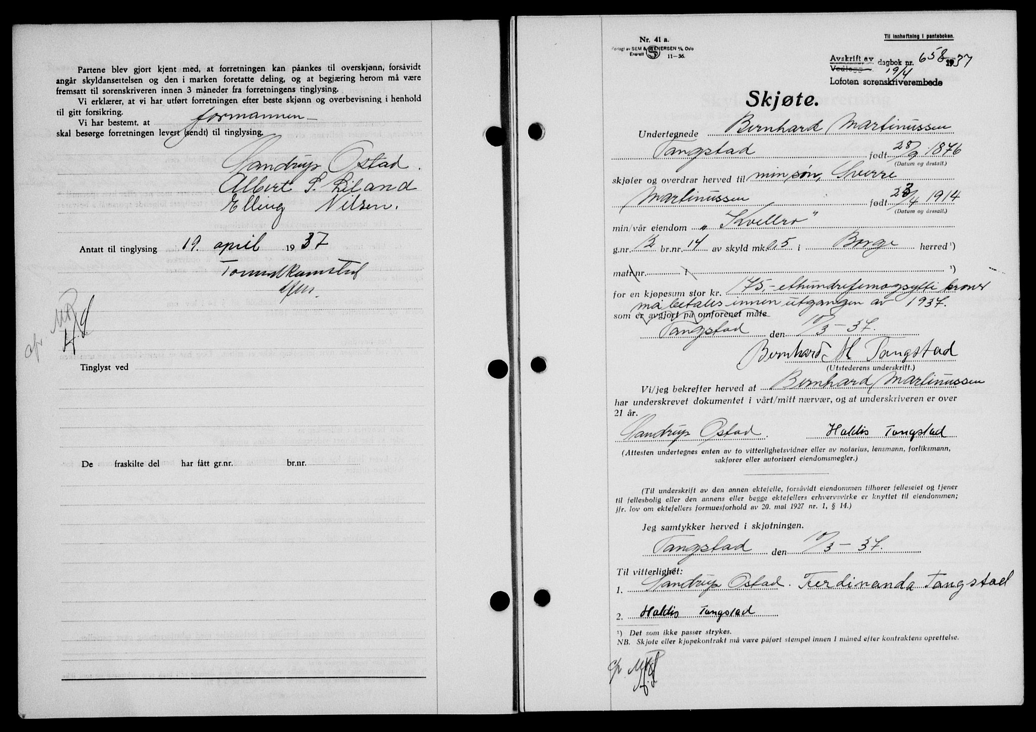 Lofoten sorenskriveri, SAT/A-0017/1/2/2C/L0002a: Mortgage book no. 2a, 1937-1937, Diary no: : 658/1937