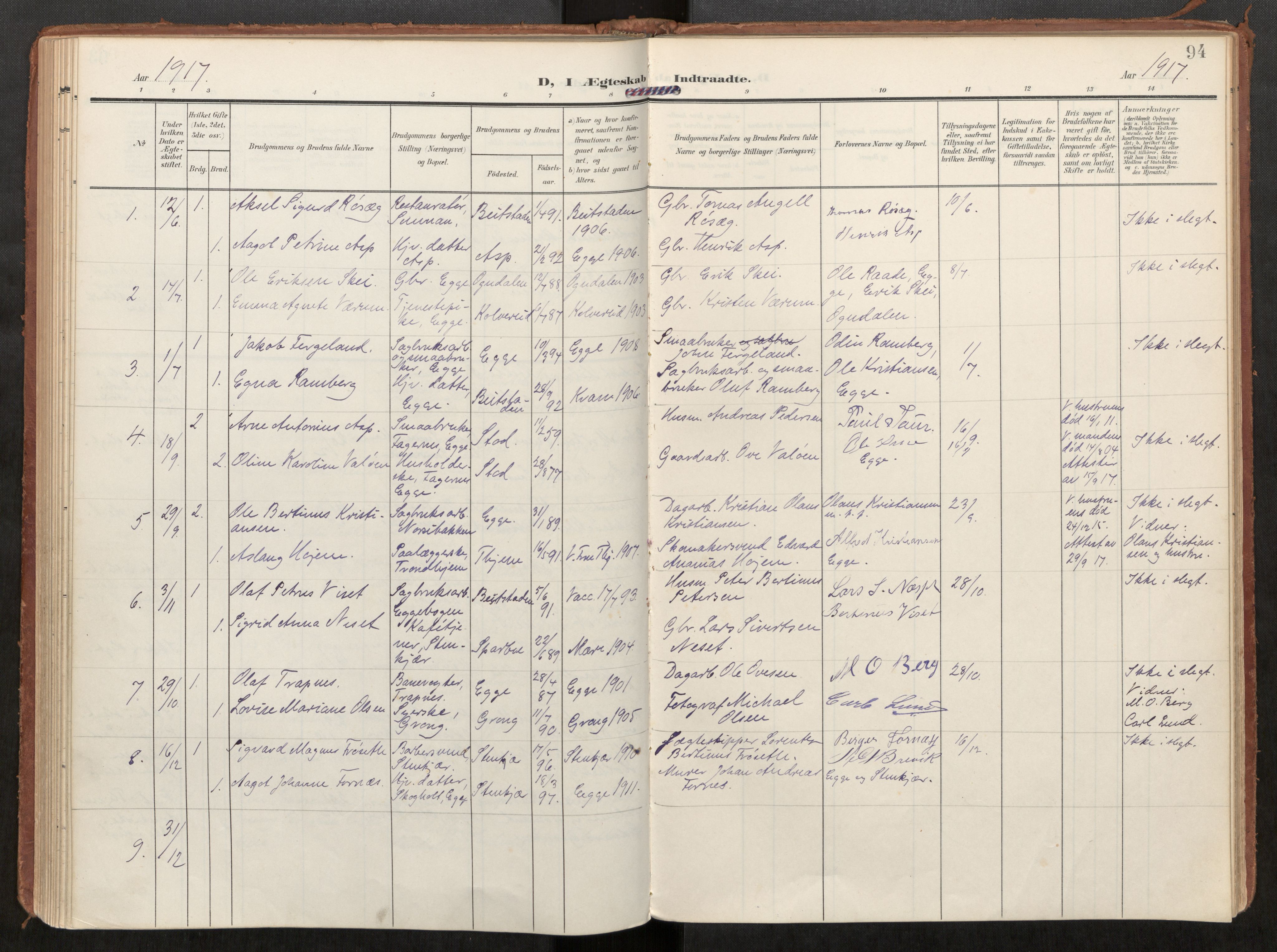 Steinkjer sokneprestkontor, AV/SAT-A-1541/01/H/Ha/Haa/L0002: Parish register (official) no. 2, 1907-1917, p. 94