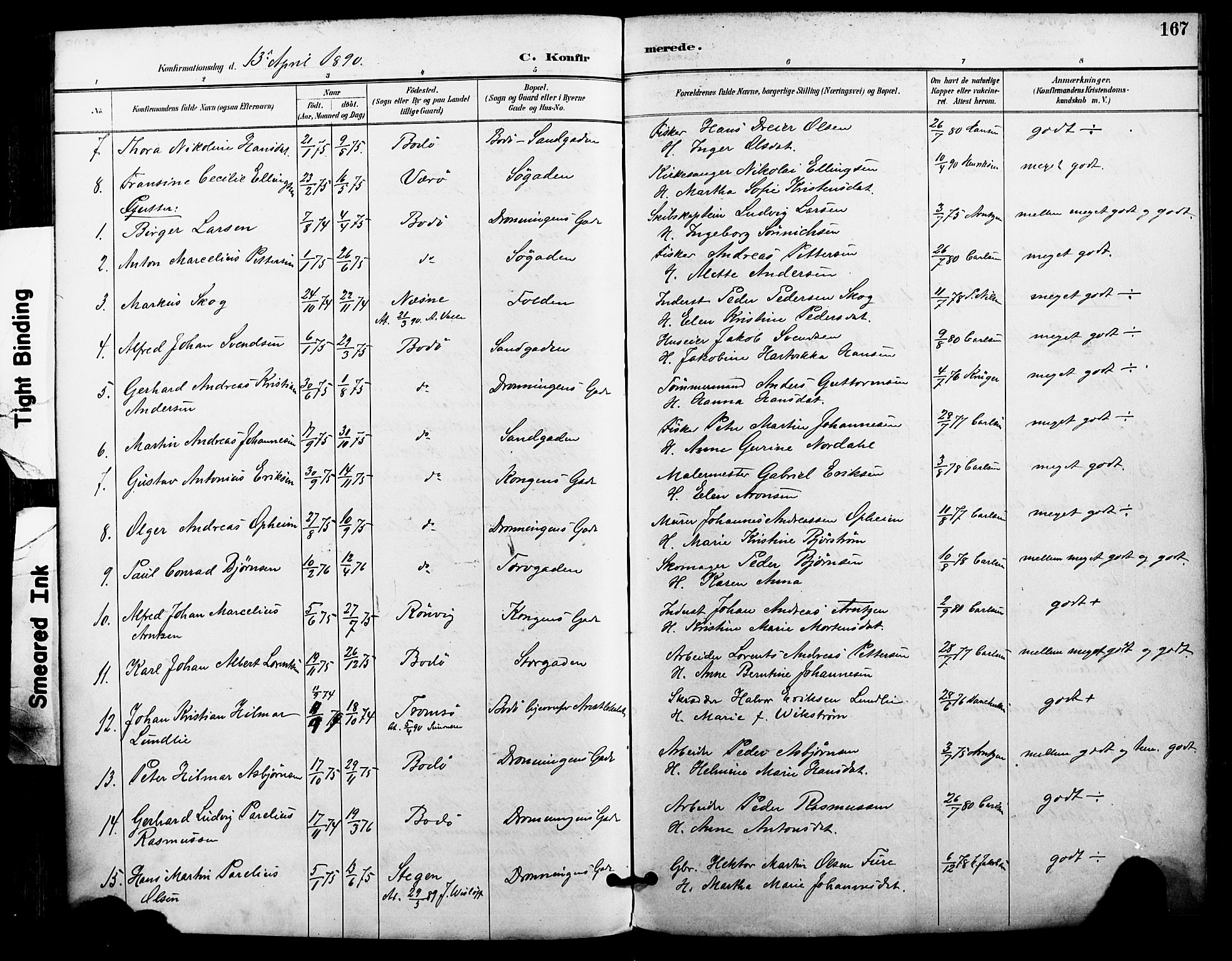 Ministerialprotokoller, klokkerbøker og fødselsregistre - Nordland, AV/SAT-A-1459/801/L0010: Parish register (official) no. 801A10, 1888-1899, p. 167