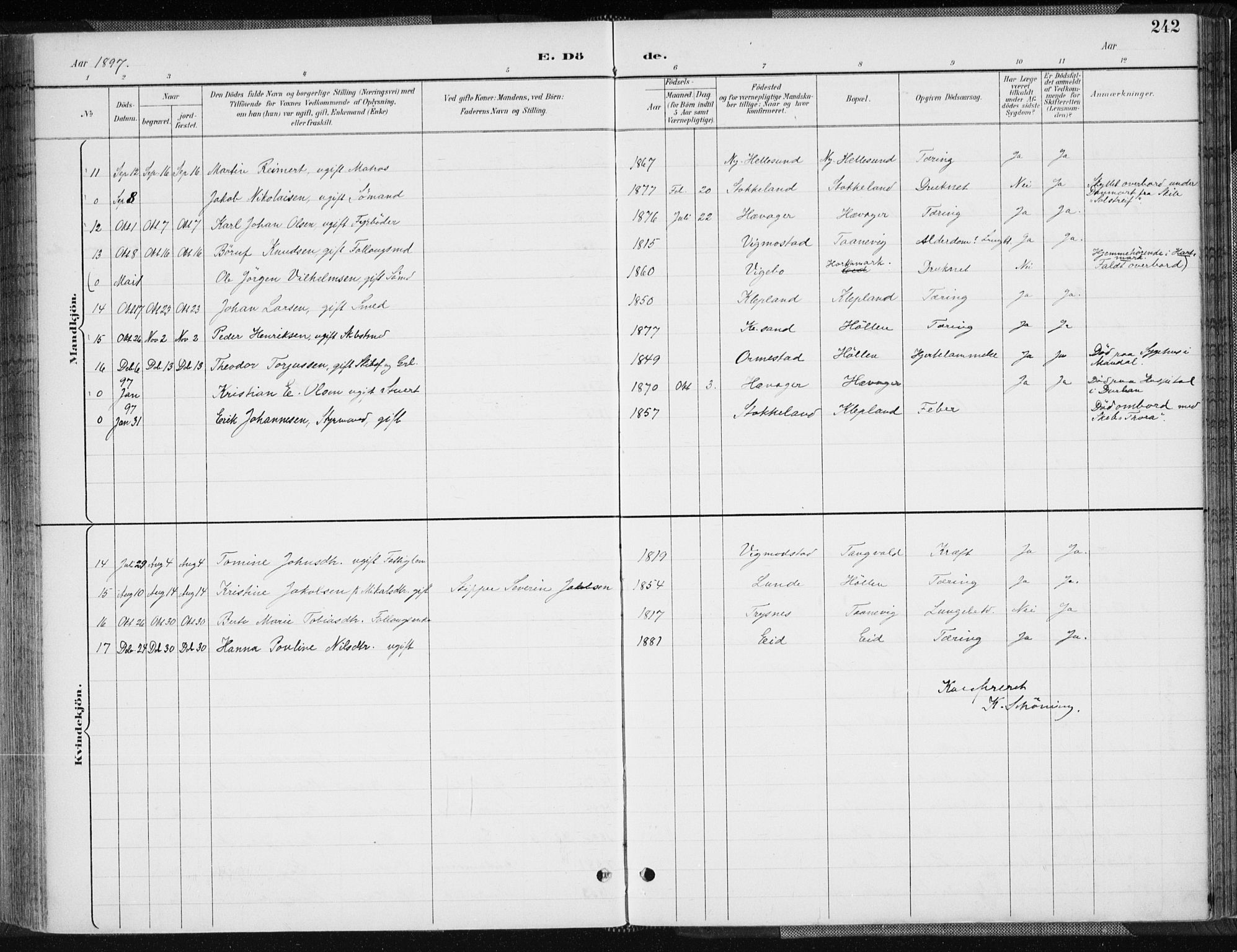 Søgne sokneprestkontor, SAK/1111-0037/F/Fa/Fab/L0013: Parish register (official) no. A 13, 1892-1911, p. 242