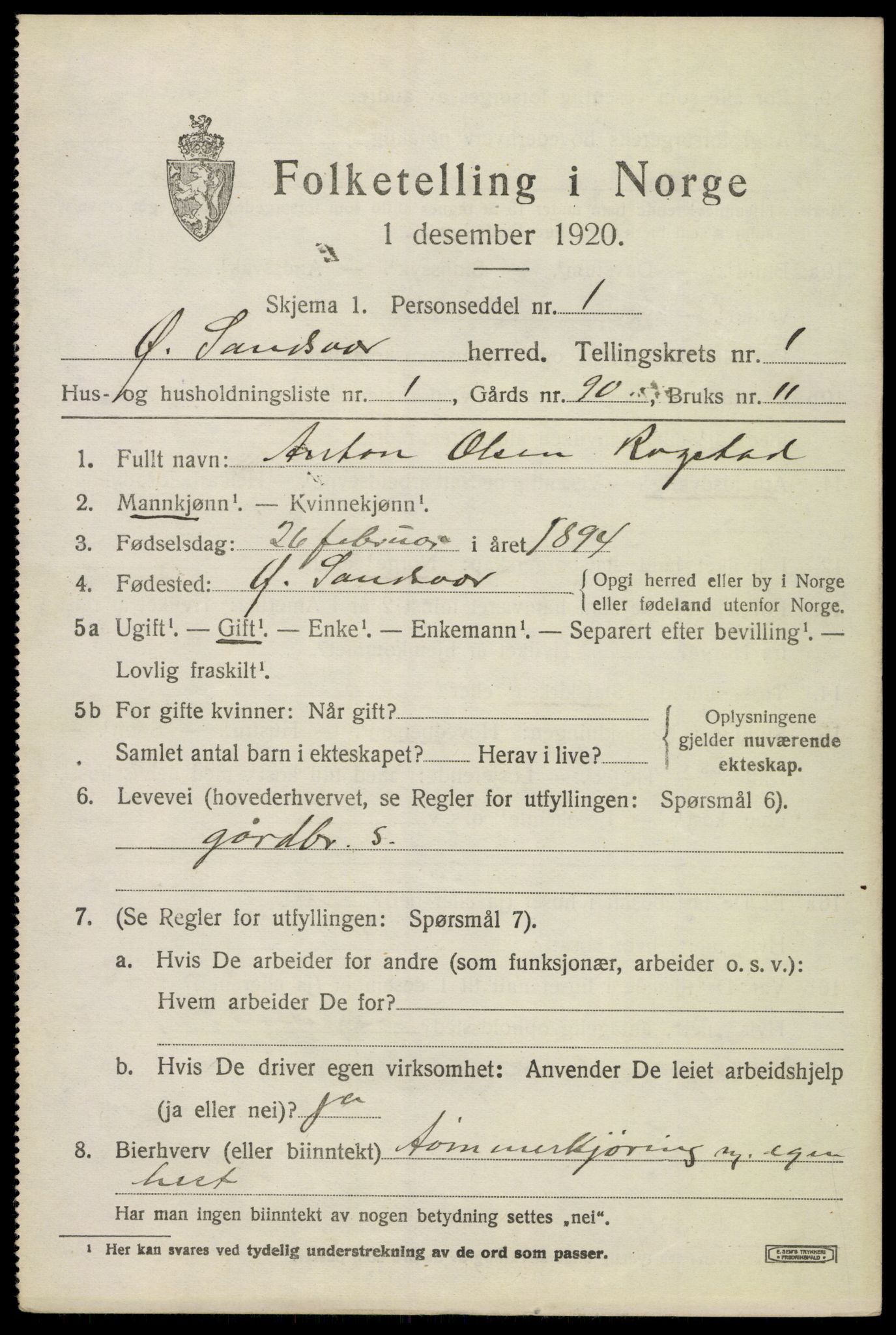 SAKO, 1920 census for Øvre Sandsvær, 1920, p. 912