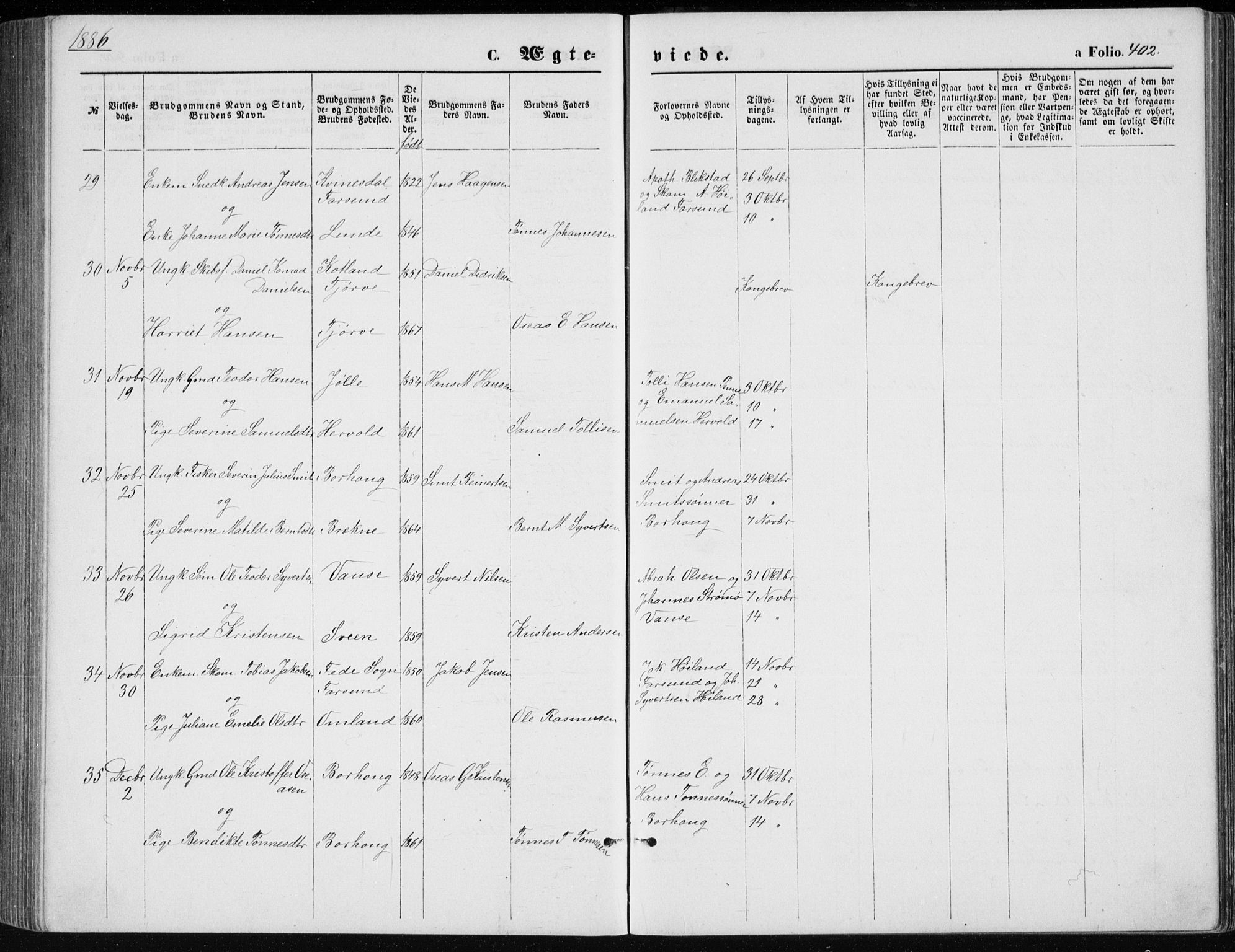 Lista sokneprestkontor, AV/SAK-1111-0027/F/Fb/L0004: Parish register (copy) no. B 4, 1877-1891, p. 402