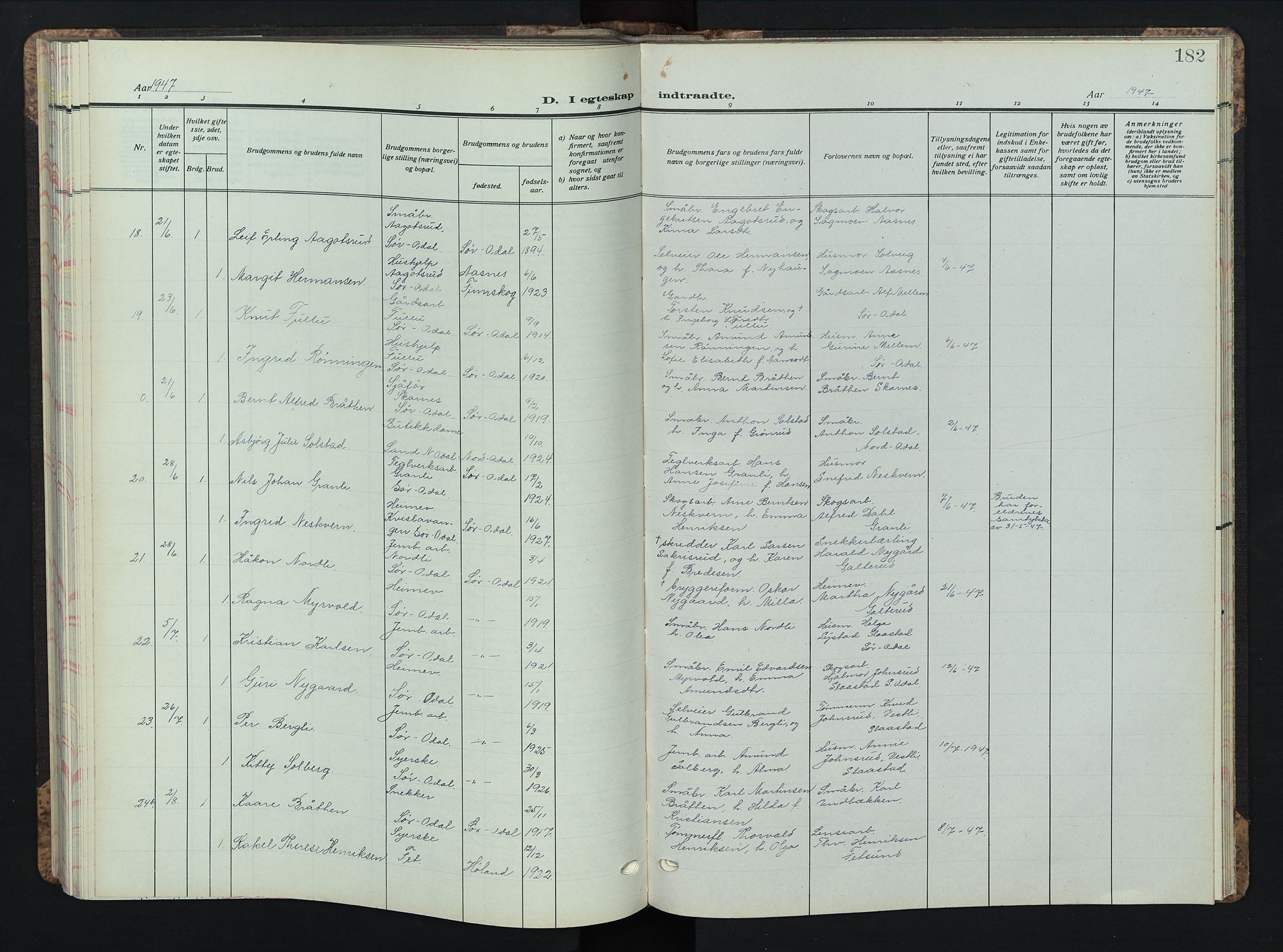 Sør-Odal prestekontor, AV/SAH-PREST-030/H/Ha/Hab/L0013: Parish register (copy) no. 13, 1933-1951, p. 182