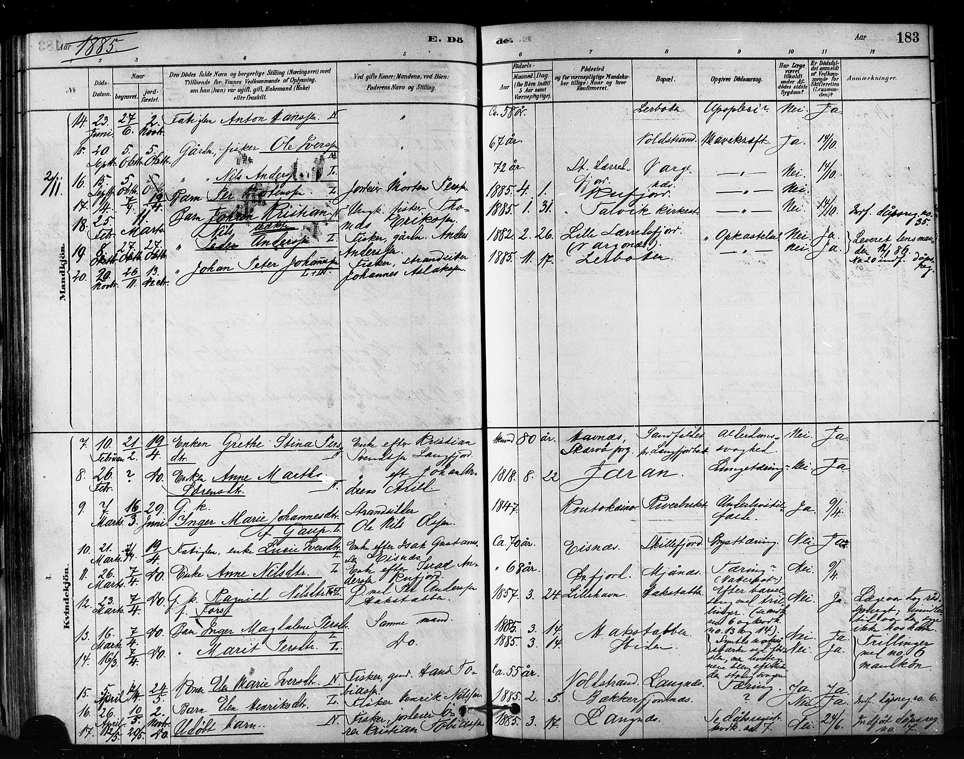 Talvik sokneprestkontor, SATØ/S-1337/H/Ha/L0012kirke: Parish register (official) no. 12, 1878-1886, p. 183