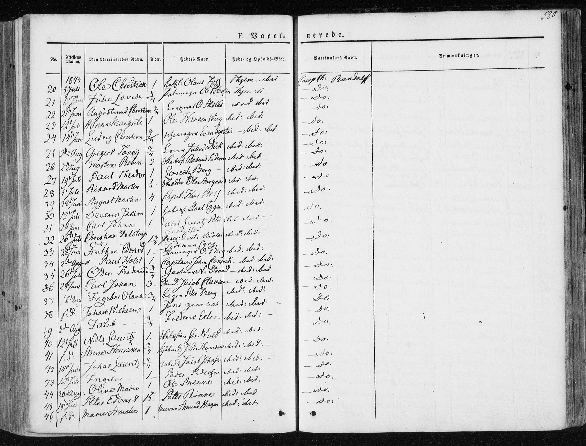 Ministerialprotokoller, klokkerbøker og fødselsregistre - Sør-Trøndelag, SAT/A-1456/601/L0049: Parish register (official) no. 601A17, 1839-1847, p. 580