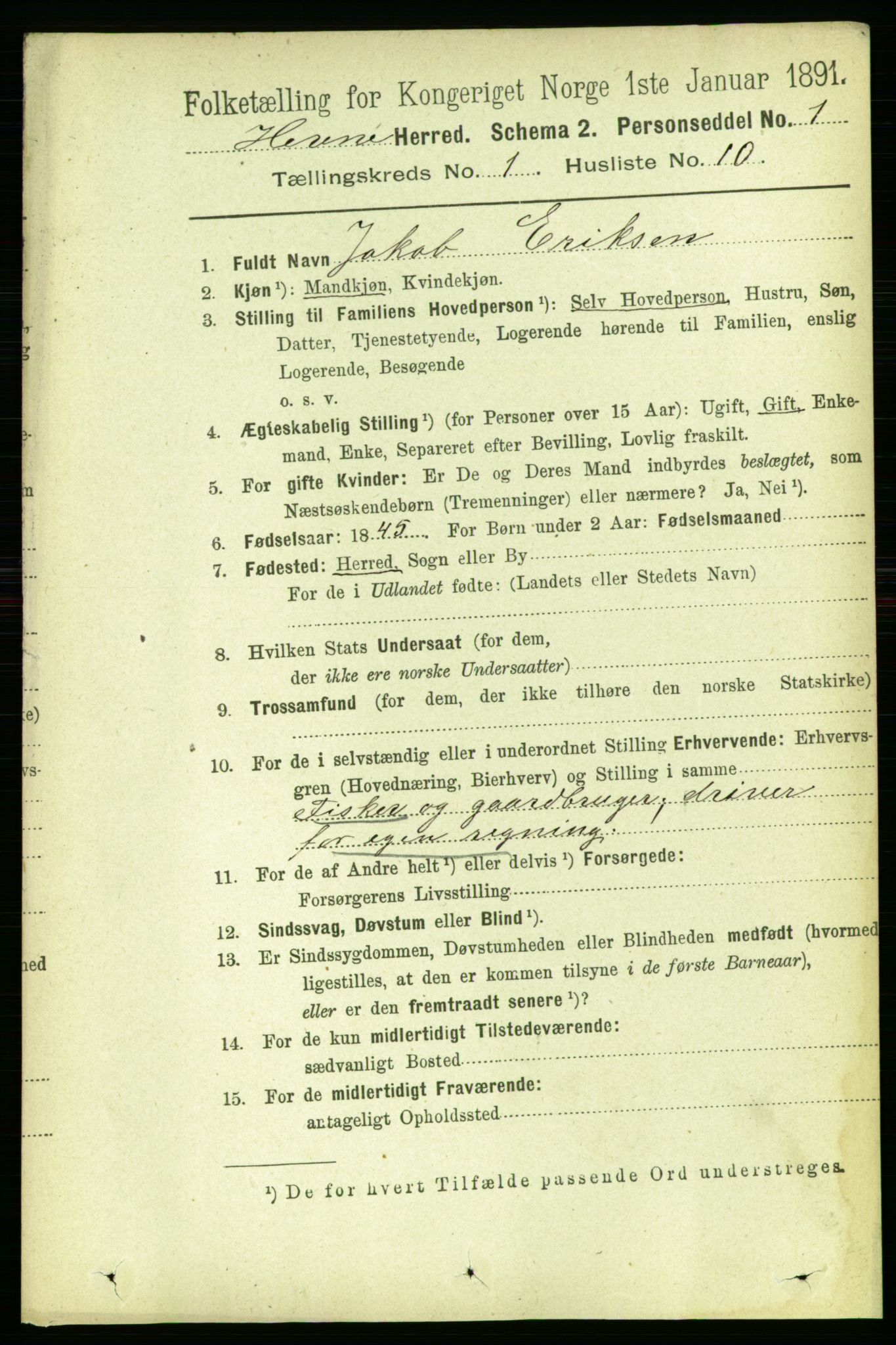 RA, 1891 census for 1612 Hemne, 1891, p. 171