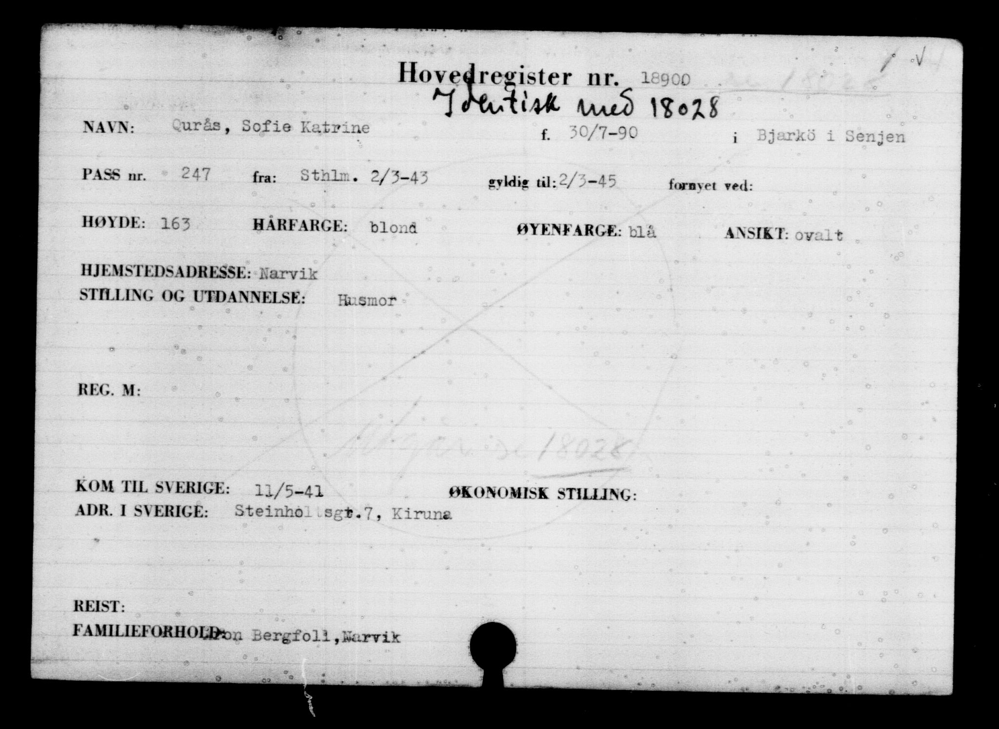Utenriksstasjonene, Legasjonen i Stockholm, Flyktningkontoret, AV/RA-S-6753/V/Va/L0009: Kjesäterkartoteket, flyktninger med registreringsnr. 18502-22048, 1940-1945, p. 469