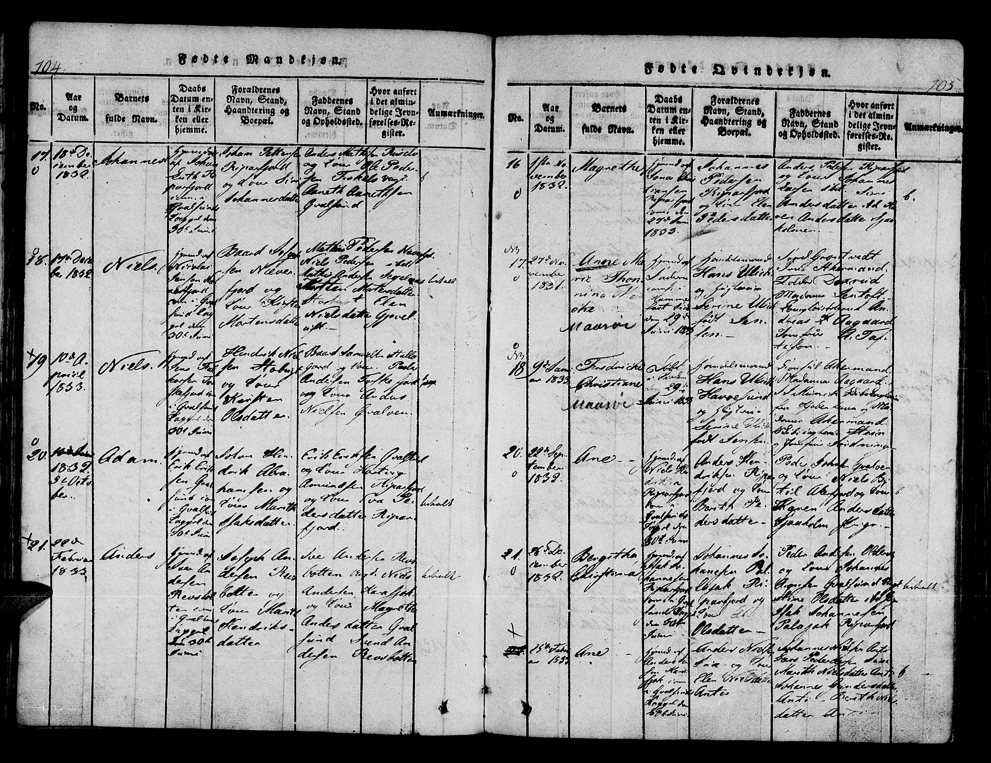 Hammerfest sokneprestkontor, AV/SATØ-S-1347/H/Ha/L0003.kirke: Parish register (official) no. 3, 1821-1842, p. 104-105