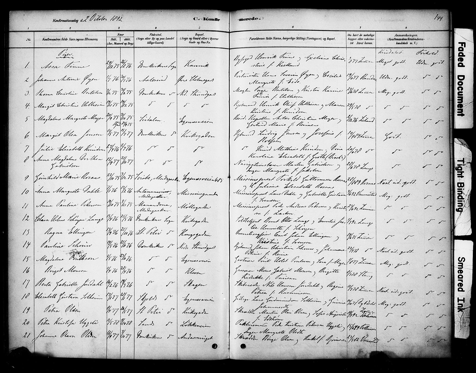 Domkirken sokneprestkontor, SAST/A-101812/001/30/30BA/L0028: Parish register (official) no. A 27, 1878-1896, p. 144