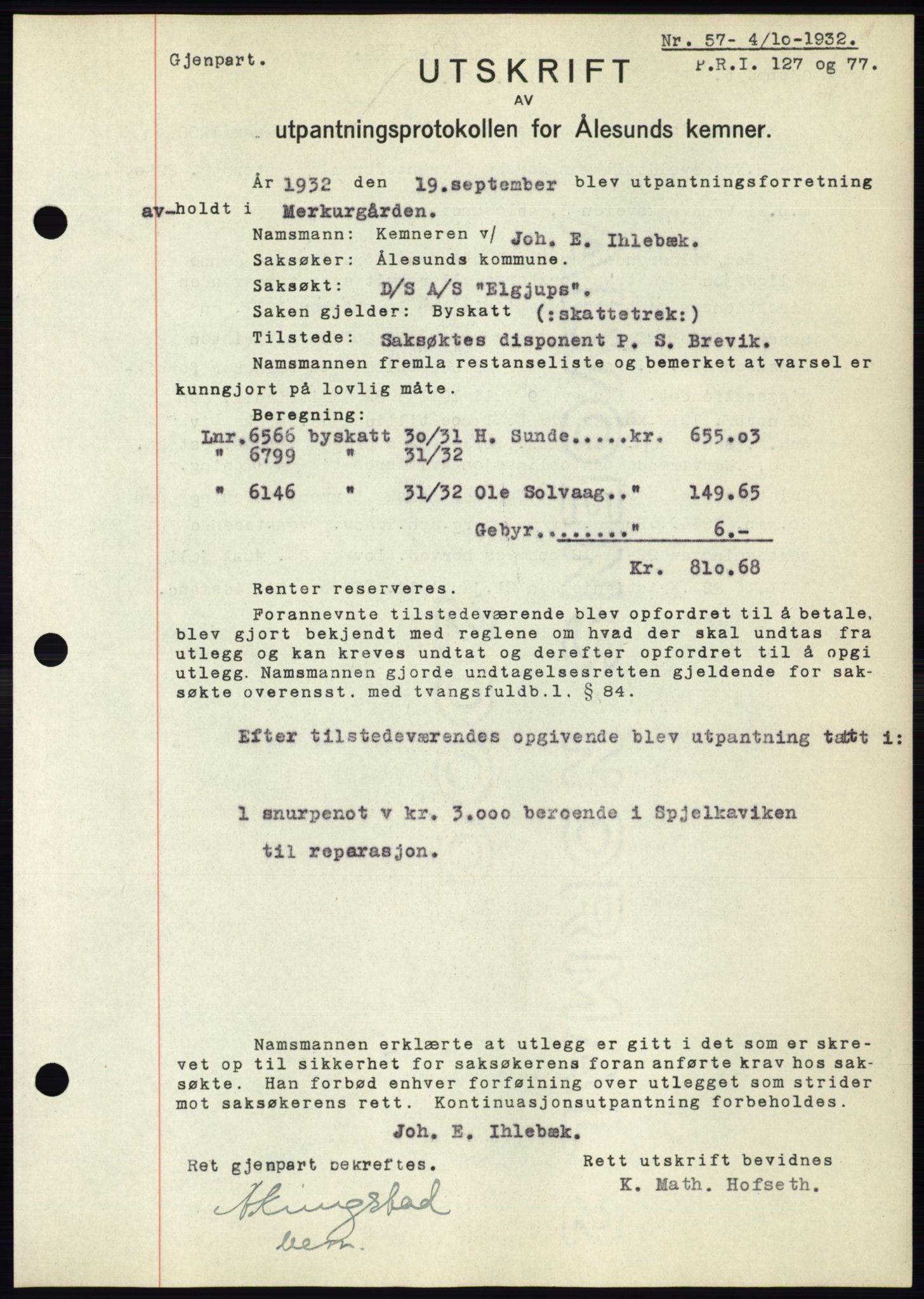 Ålesund byfogd, AV/SAT-A-4384: Mortgage book no. 30, 1932-1933, Deed date: 04.10.1932