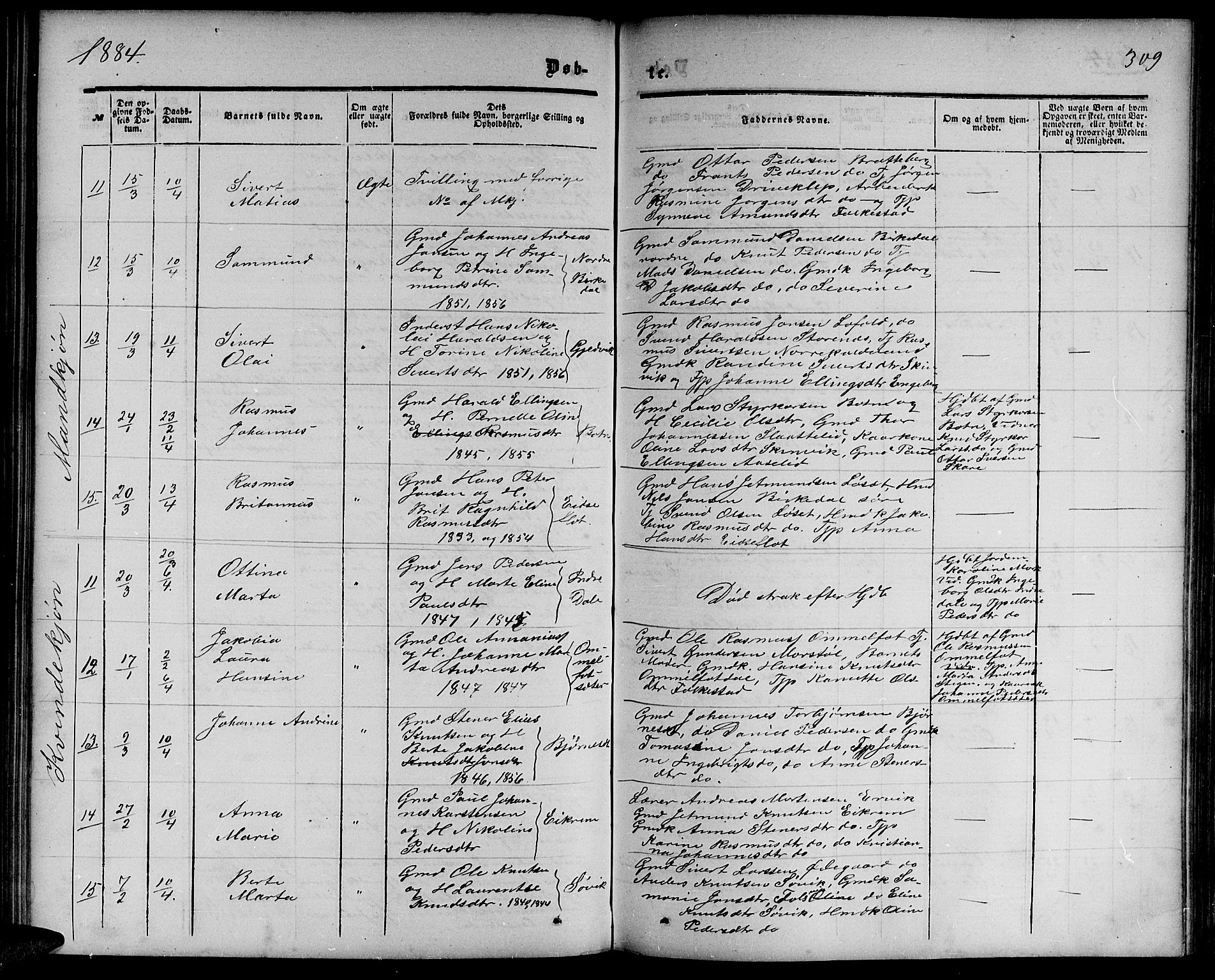 Ministerialprotokoller, klokkerbøker og fødselsregistre - Møre og Romsdal, SAT/A-1454/511/L0157: Parish register (copy) no. 511C03, 1864-1884, p. 309