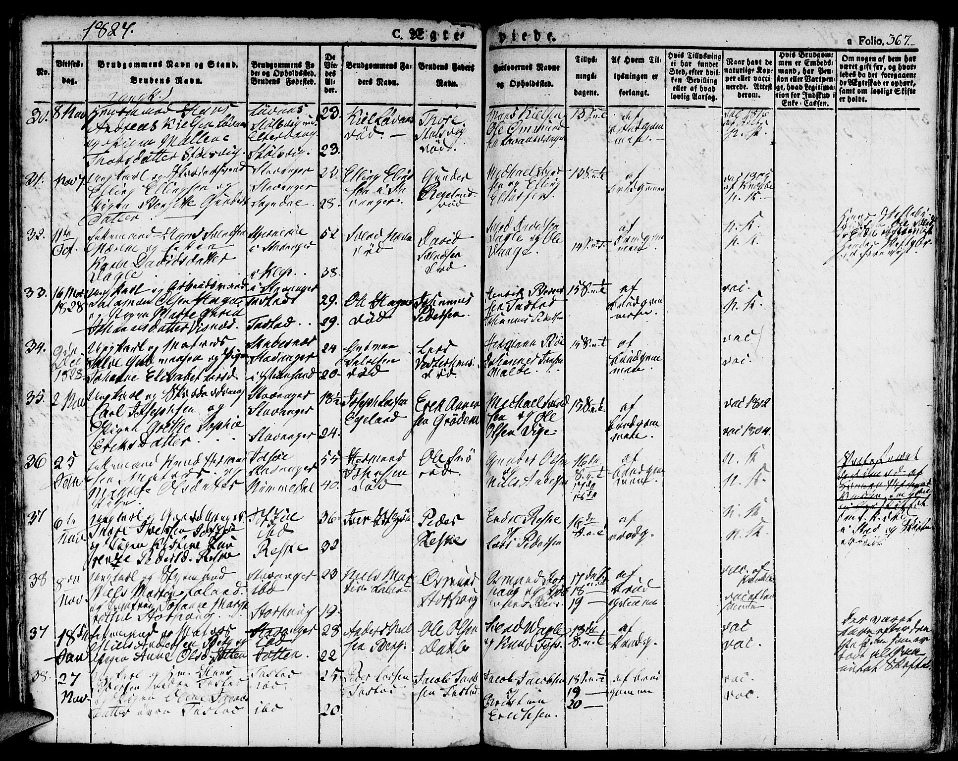 Domkirken sokneprestkontor, SAST/A-101812/001/30/30BA/L0009: Parish register (official) no. A 9, 1821-1832, p. 367