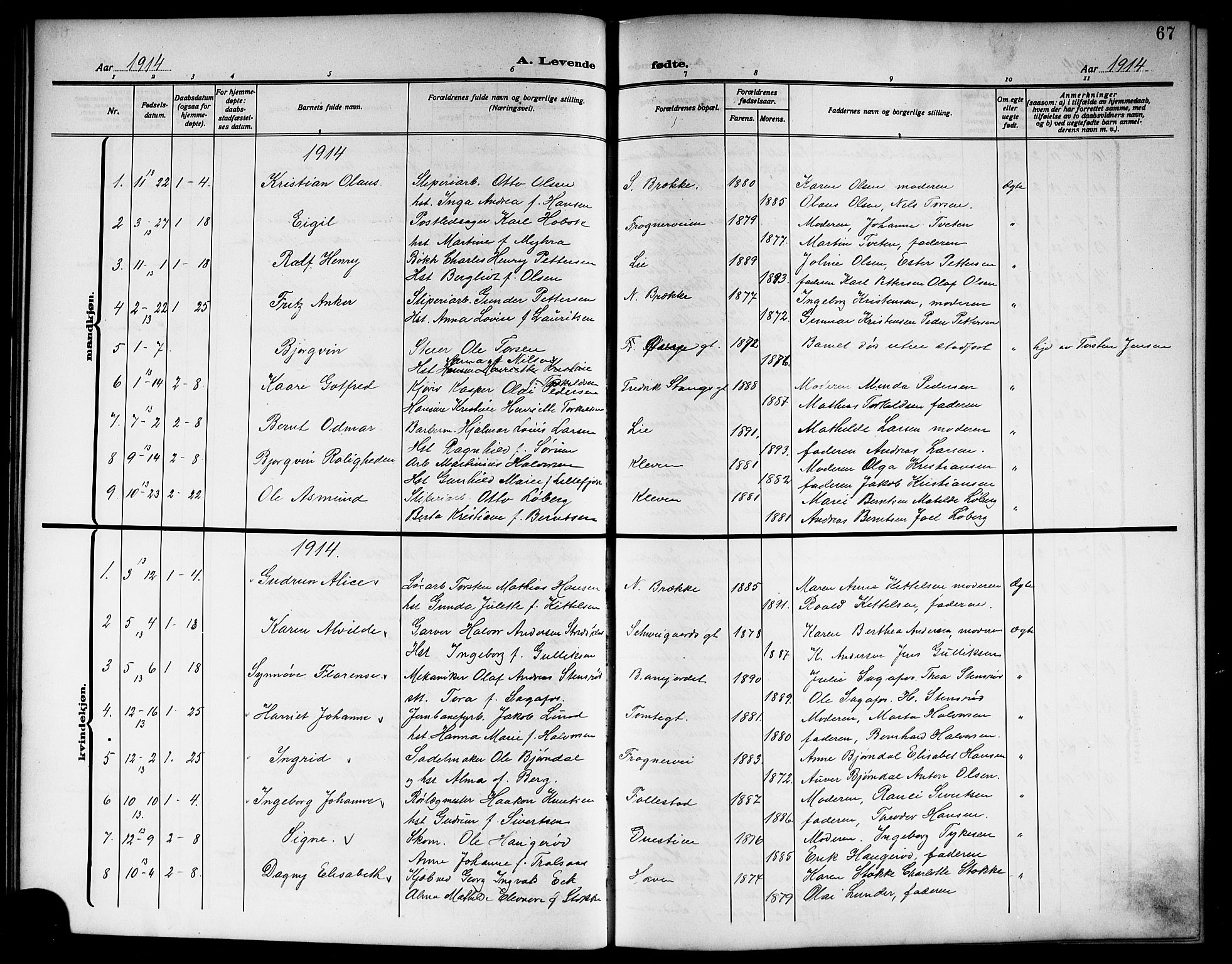 Skien kirkebøker, SAKO/A-302/G/Ga/L0009: Parish register (copy) no. 9, 1910-1920, p. 67
