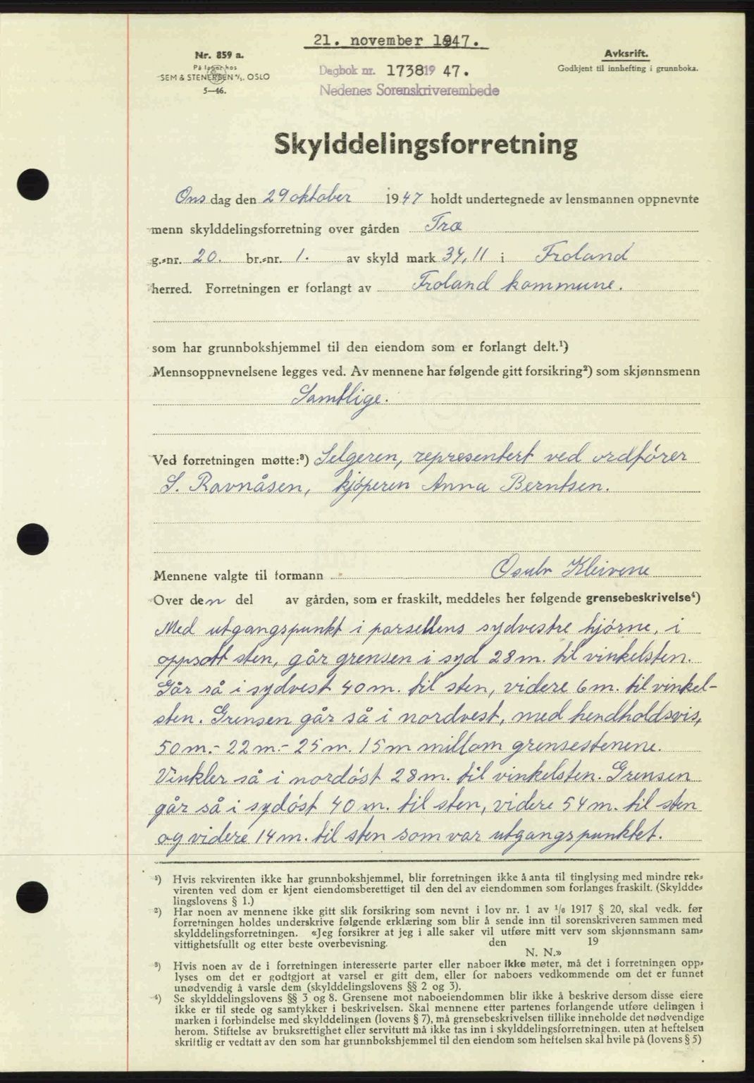 Nedenes sorenskriveri, AV/SAK-1221-0006/G/Gb/Gba/L0058: Mortgage book no. A10, 1947-1948, Diary no: : 1738/1947