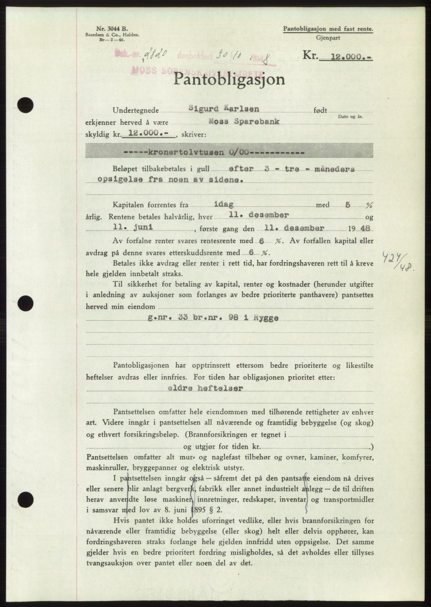 Moss sorenskriveri, AV/SAO-A-10168: Mortgage book no. B20, 1948-1948, Diary no: : 2820/1948