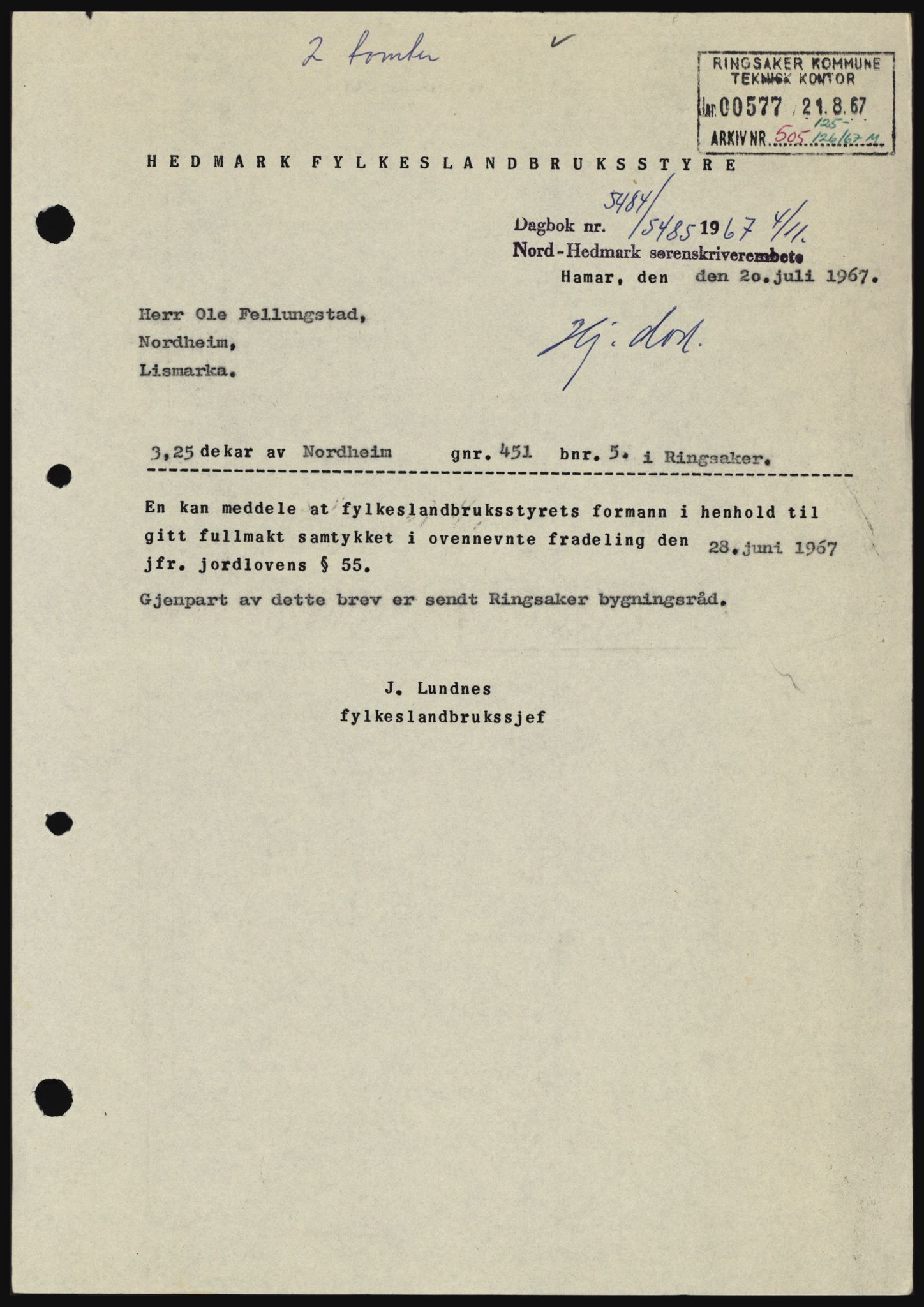Nord-Hedmark sorenskriveri, SAH/TING-012/H/Hc/L0027: Mortgage book no. 27, 1967-1968, Diary no: : 5484/1967