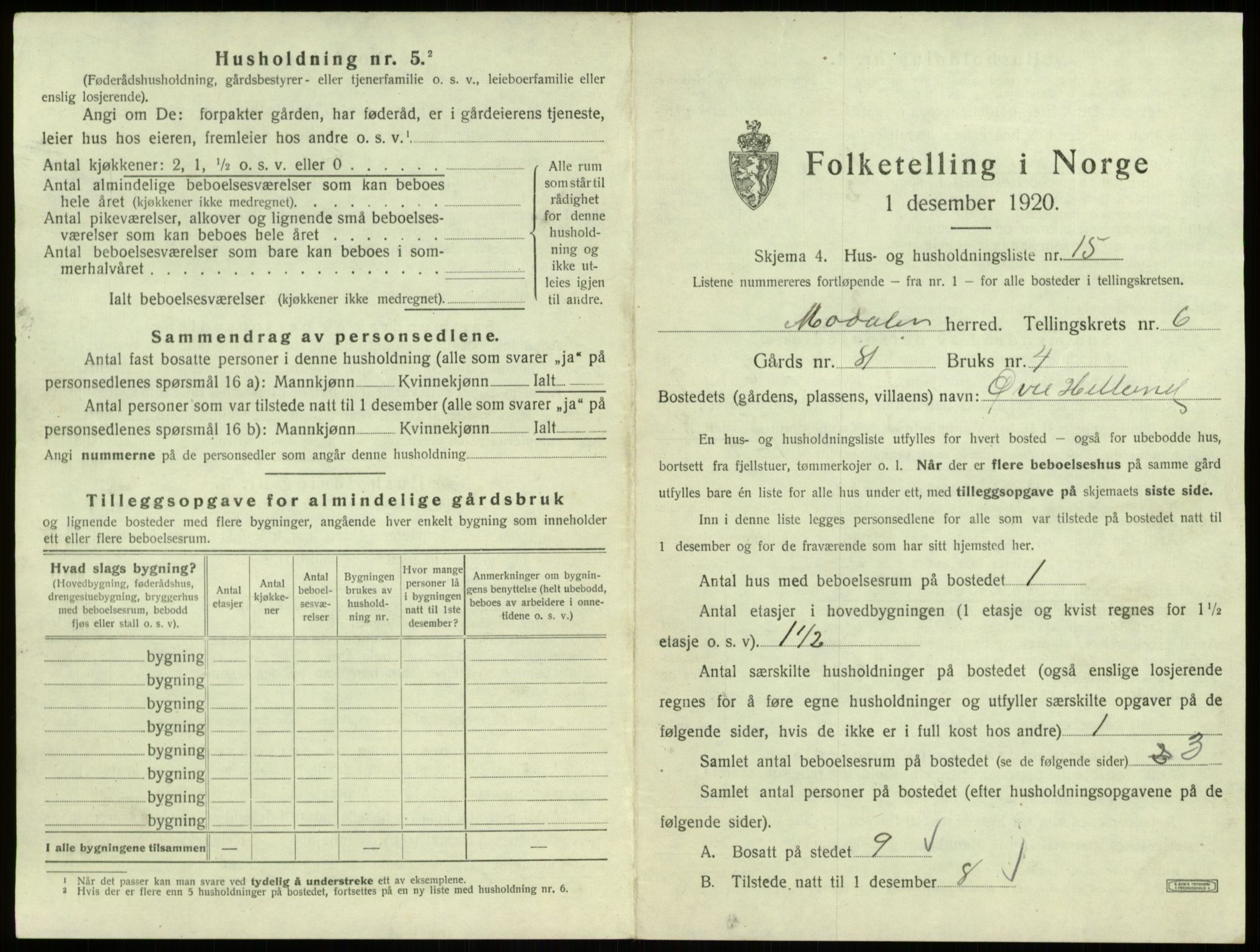 SAB, 1920 census for Modalen, 1920, p. 196