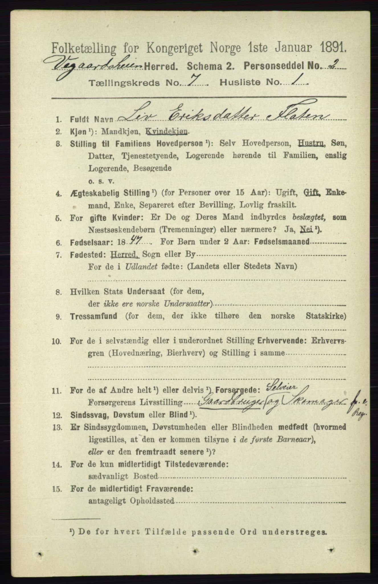 RA, 1891 census for 0912 Vegårshei, 1891, p. 1335