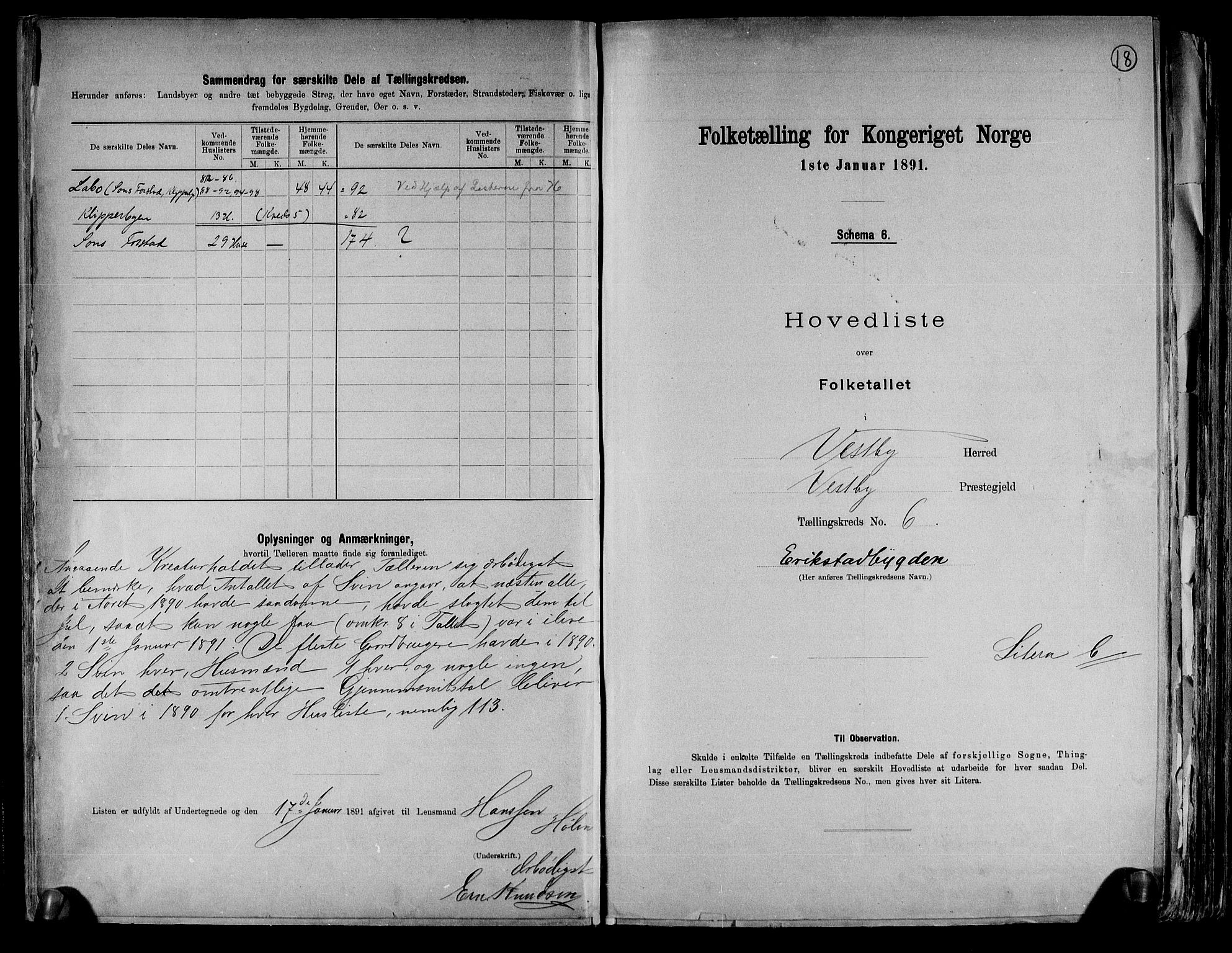 RA, 1891 census for 0211 Vestby, 1891, p. 18