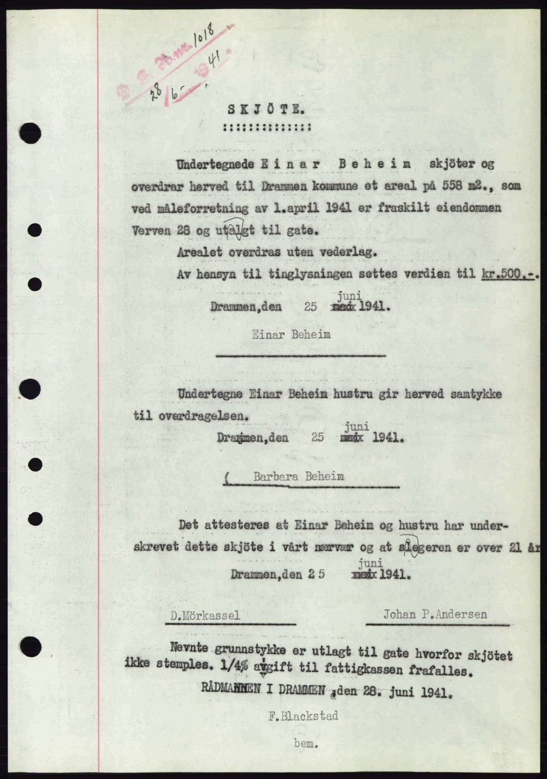 Drammen byfogd, AV/SAKO-A-222/G/Ga/Gac/L0058: Mortgage book no. A12, 1939-1942, Diary no: : 1018/1941